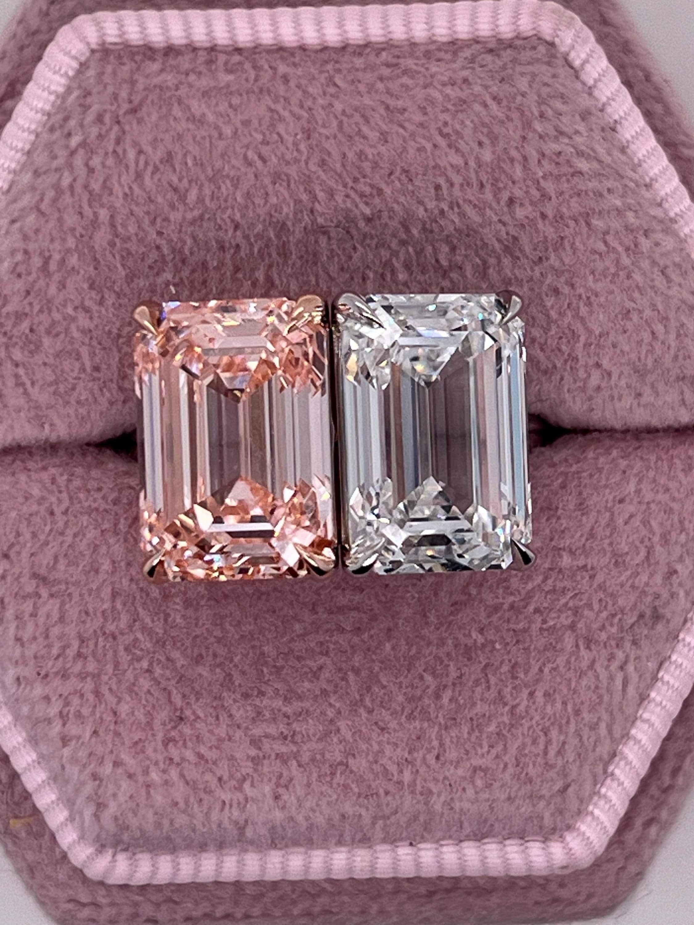 10 Carat Total Emerald Cut Vivid Pink and D Color Me & You Two Stone Diamond Ring
