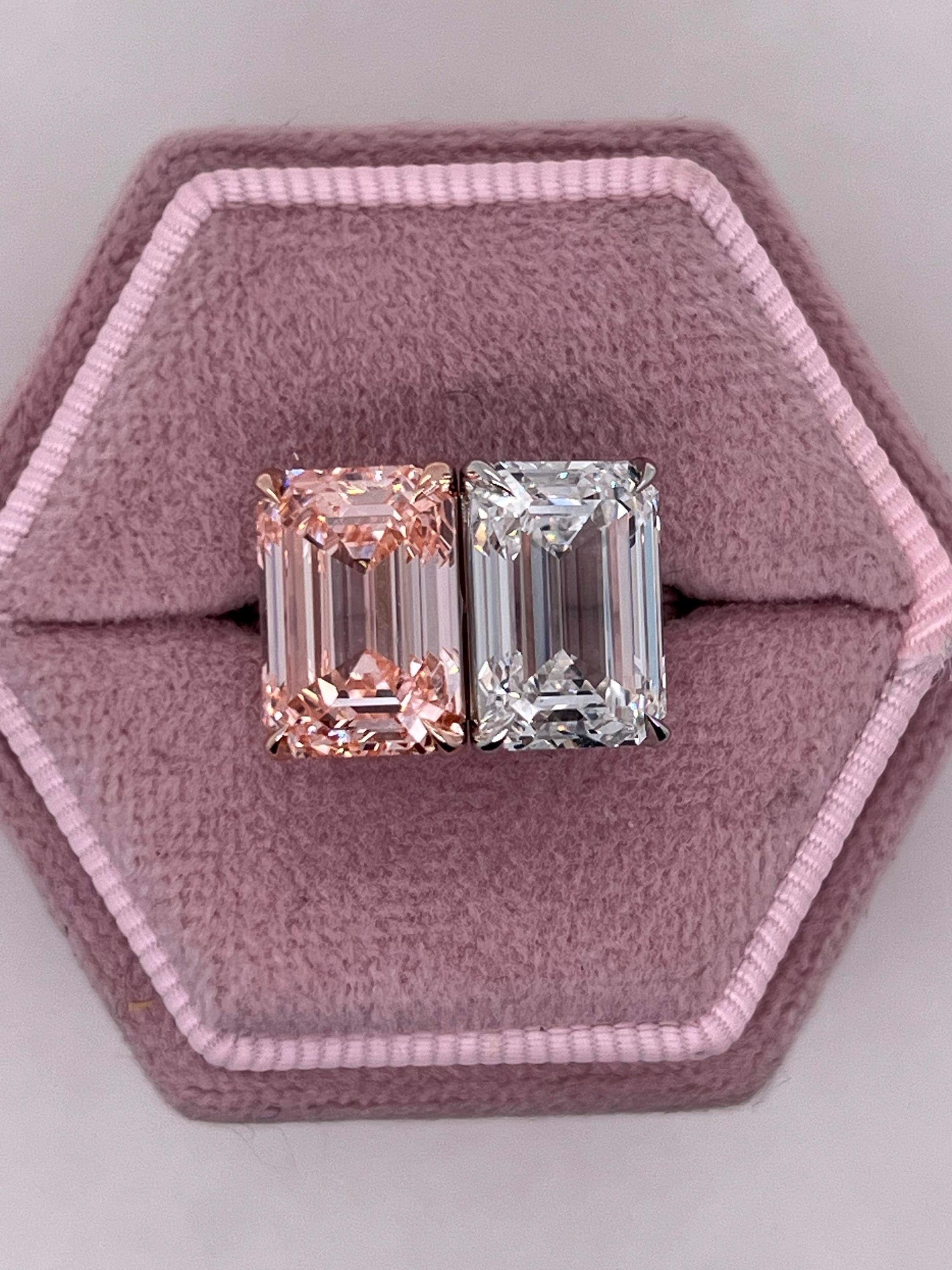 10 Carat Total Emerald Cut Vivid Pink and D Color Me & You Two Stone Diamond Ring