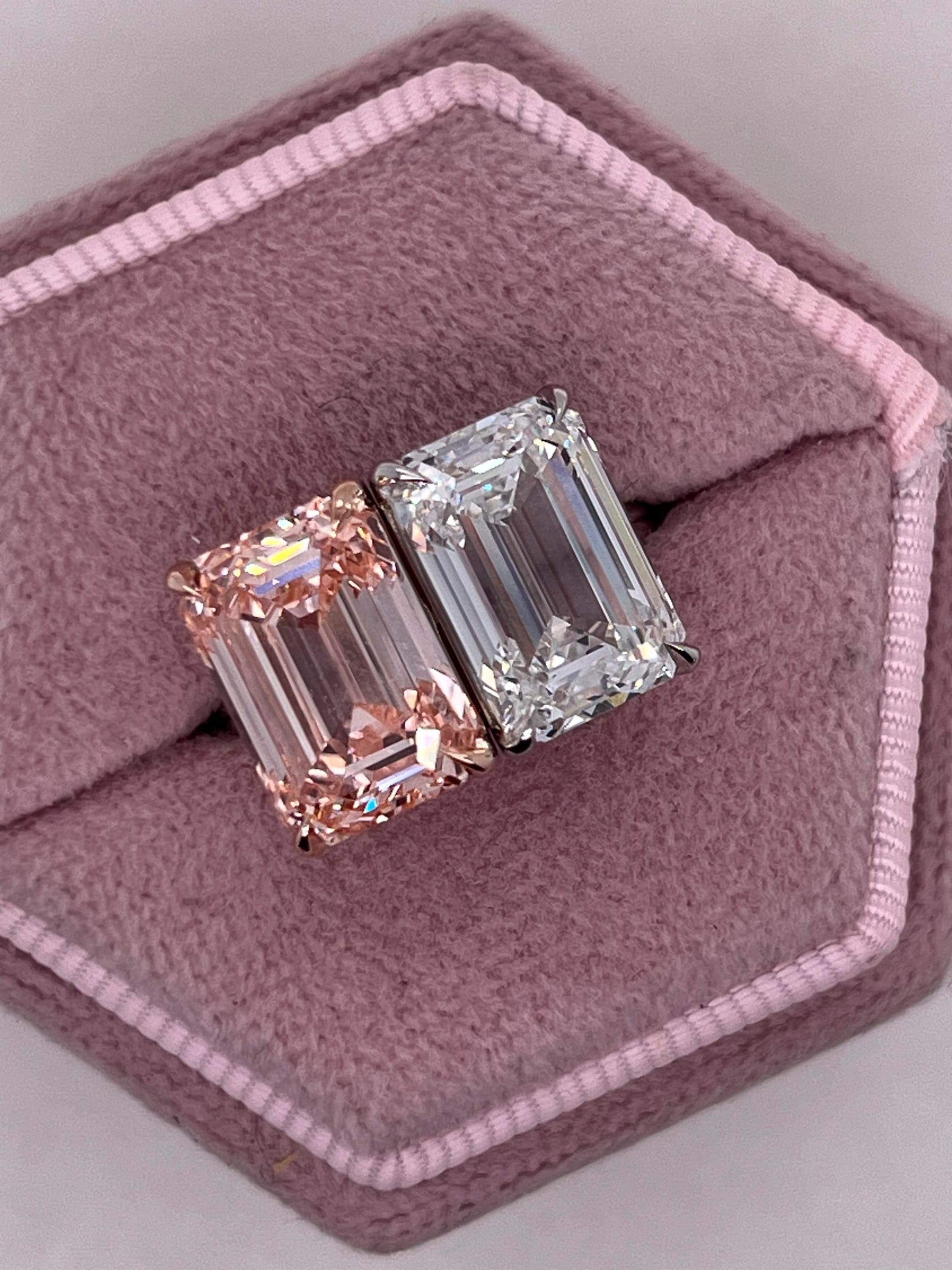 10 Carat Total Emerald Cut Vivid Pink and D Color Me & You Two Stone Diamond Ring