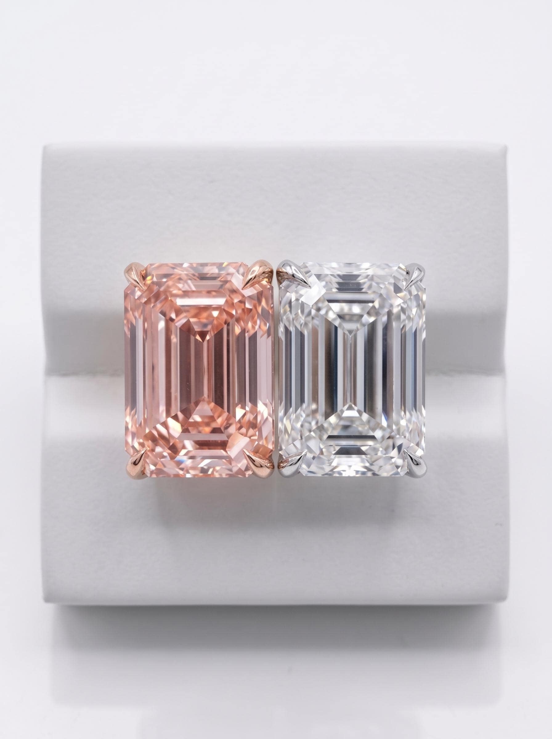 10 Carat Total Emerald Cut Vivid Pink and D Color Me & You Two Stone Diamond Ring