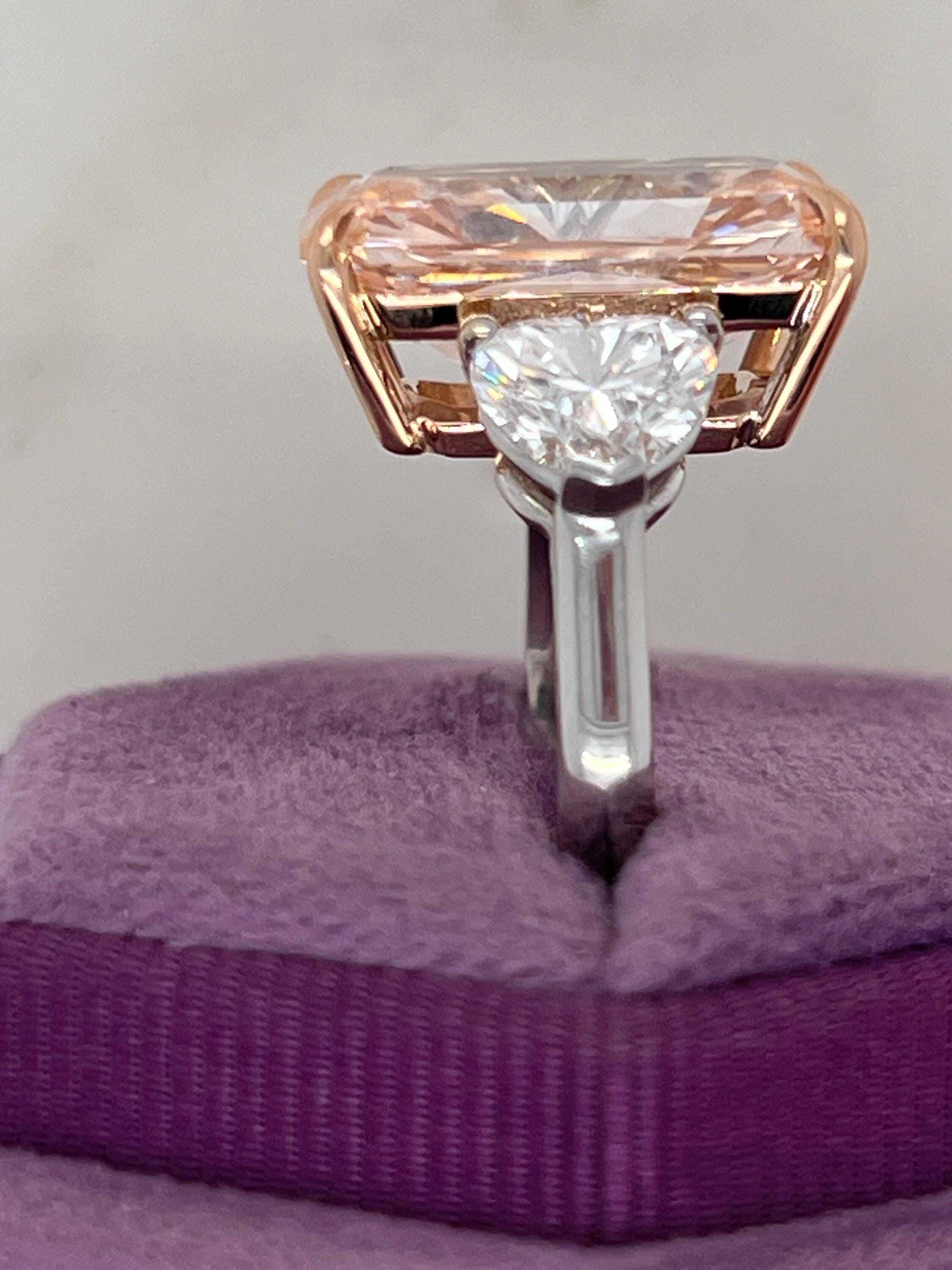 13 Carat Fancy Vivid Pink Radiant Cut with Side Hearts Three Stone Diamond Engagement Ring