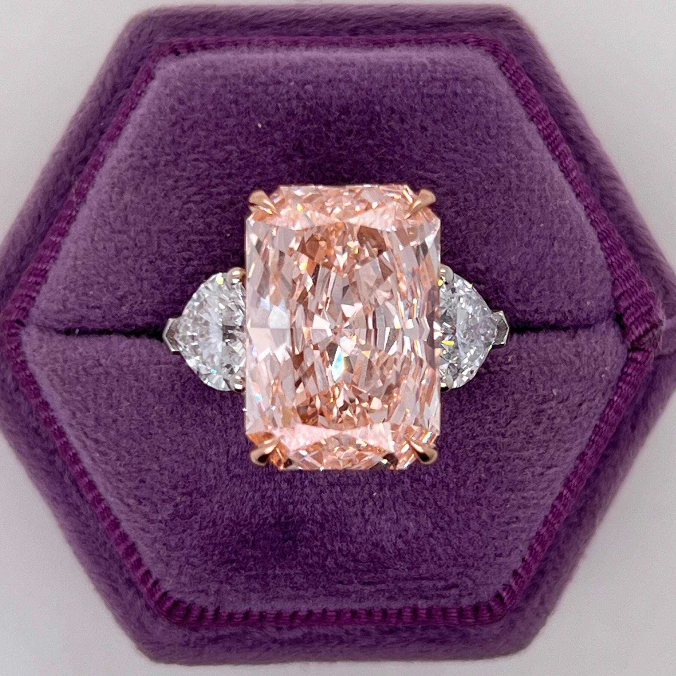 13 Carat Fancy Vivid Pink Radiant Cut with Side Hearts Three Stone Diamond Engagement Ring