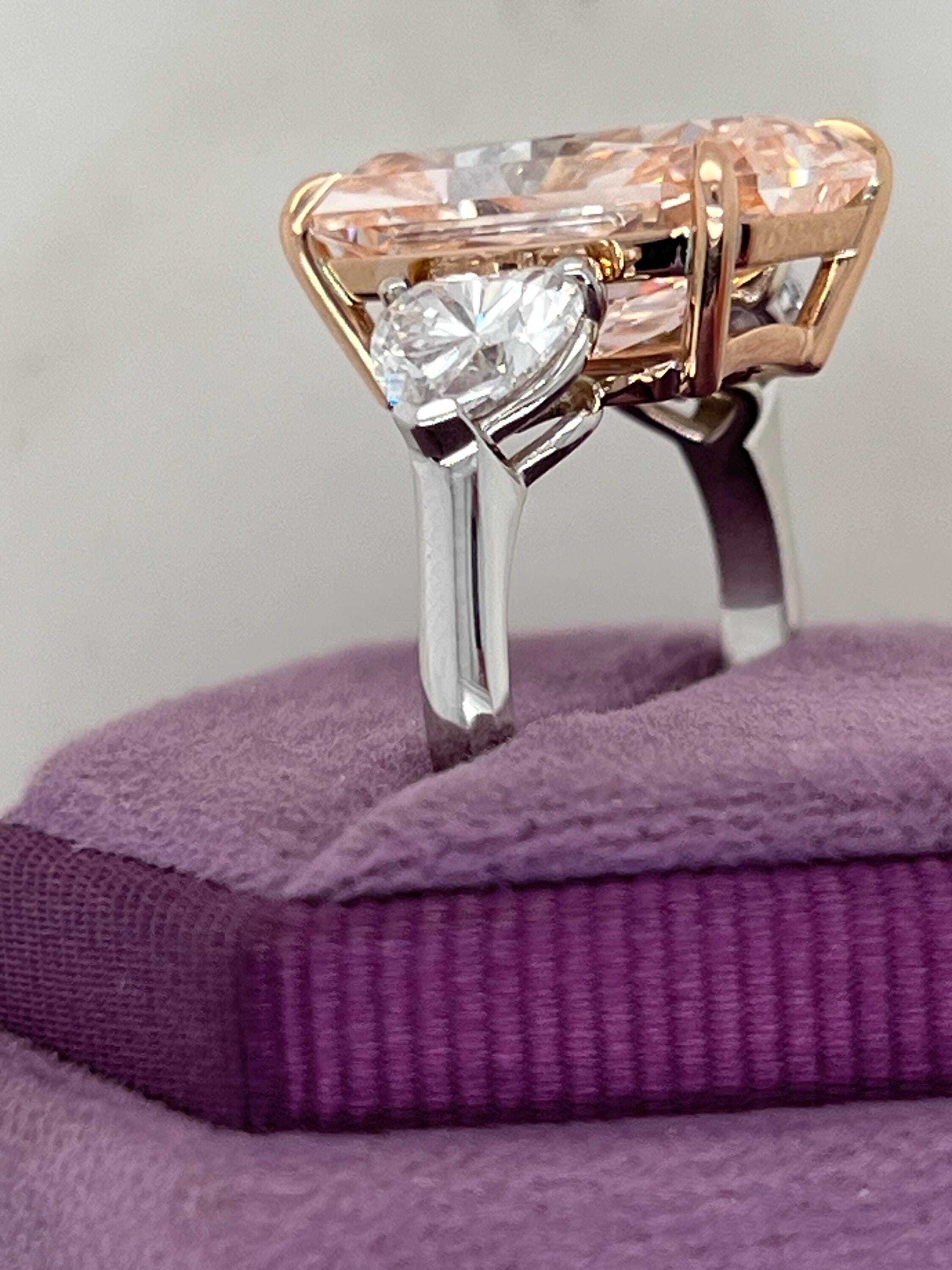 13 Carat Fancy Vivid Pink Radiant Cut with Side Hearts Three Stone Diamond Engagement Ring