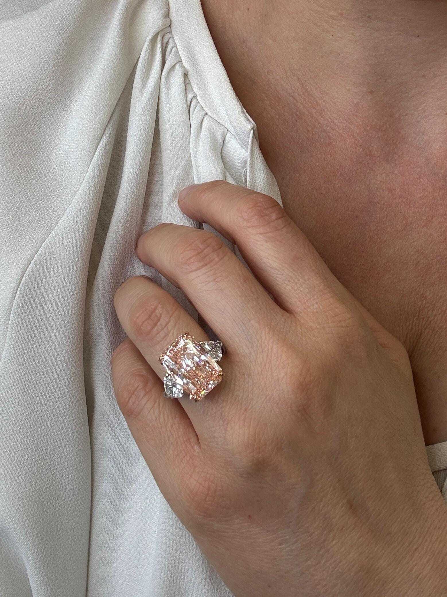 13 Carat Fancy Vivid Pink Radiant Cut with Side Hearts Three Stone Diamond Engagement Ring