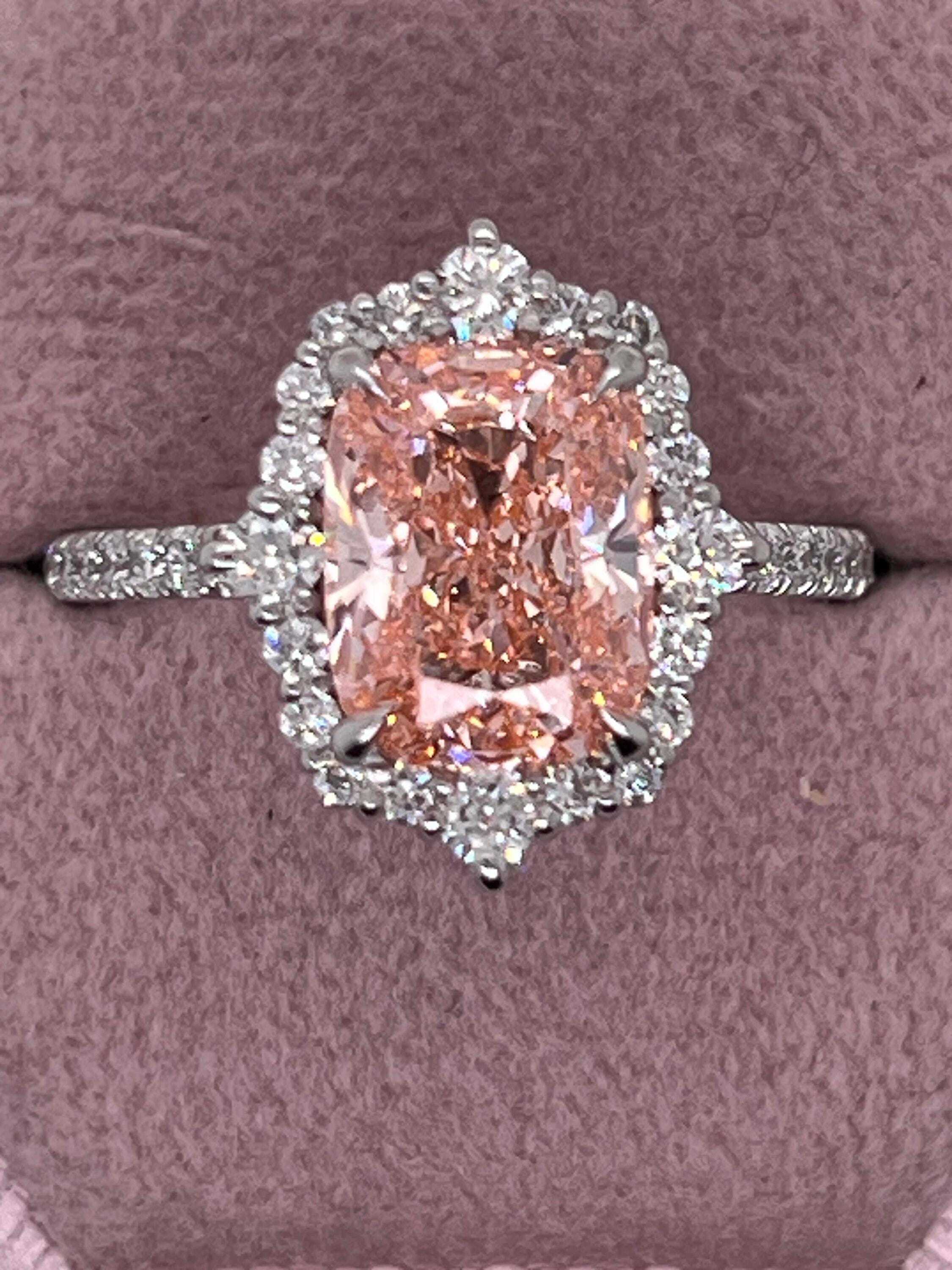 3.5 Carat Fancy Vivid Pink Elongated Cushion Cut Diamond Halo Engagement Ring