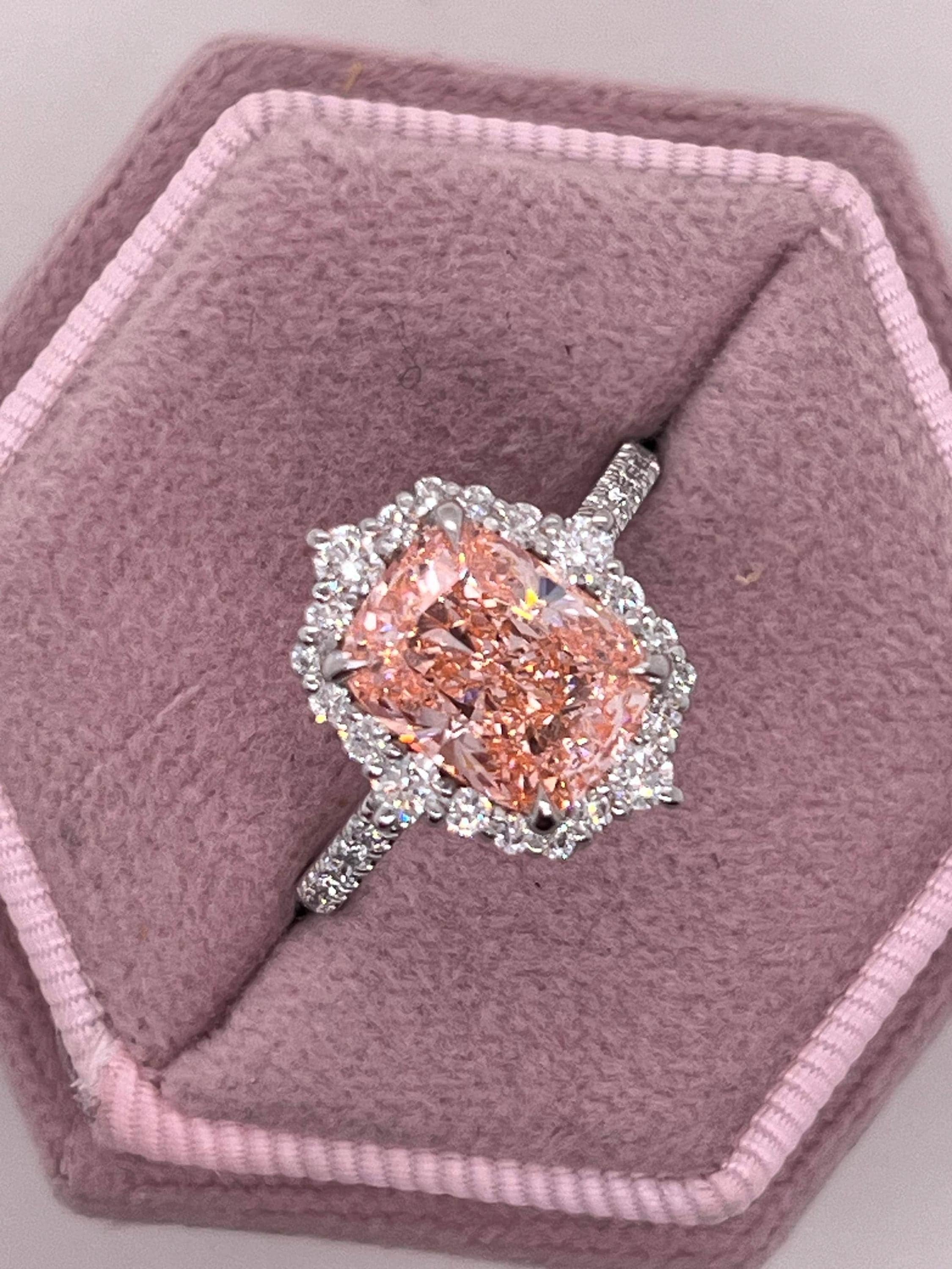 3.5 Carat Fancy Vivid Pink Elongated Cushion Cut Diamond Halo Engagement Ring