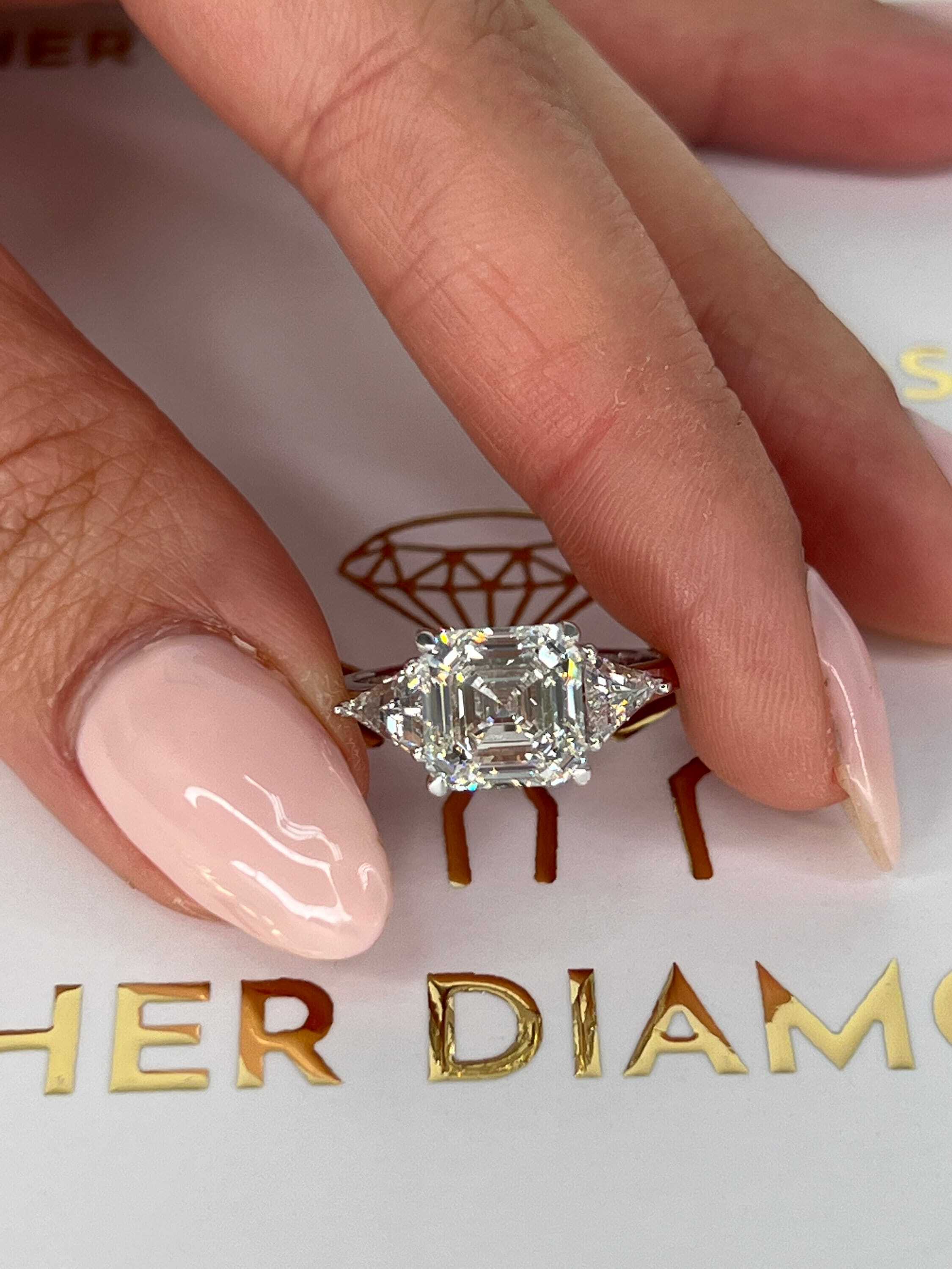 6 Carat Asscher Cut Three Stone Diamond Engagement Ring Side Trillion Cuts