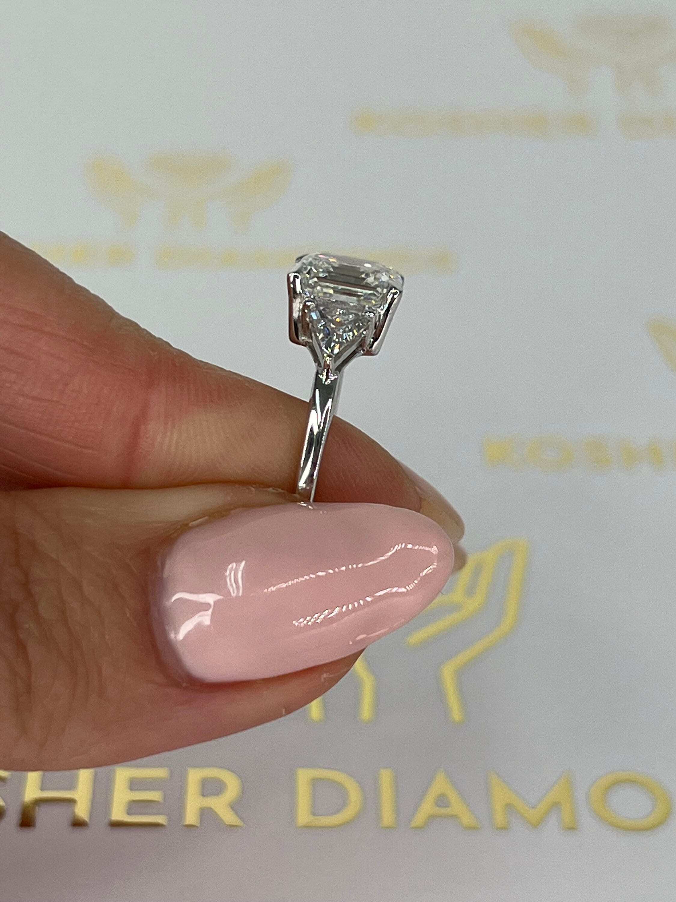 6 Carat Asscher Cut Three Stone Diamond Engagement Ring Side Trillion Cuts