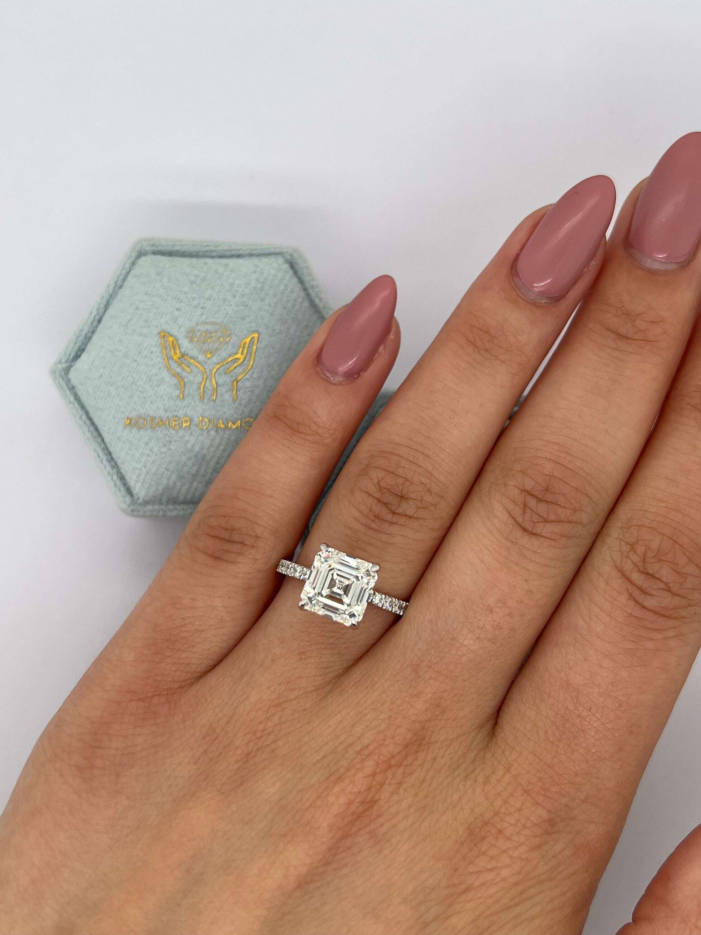 3.25 Carat Total Asscher Cut Solitaire Diamond Hidden Halo Engagement Ring