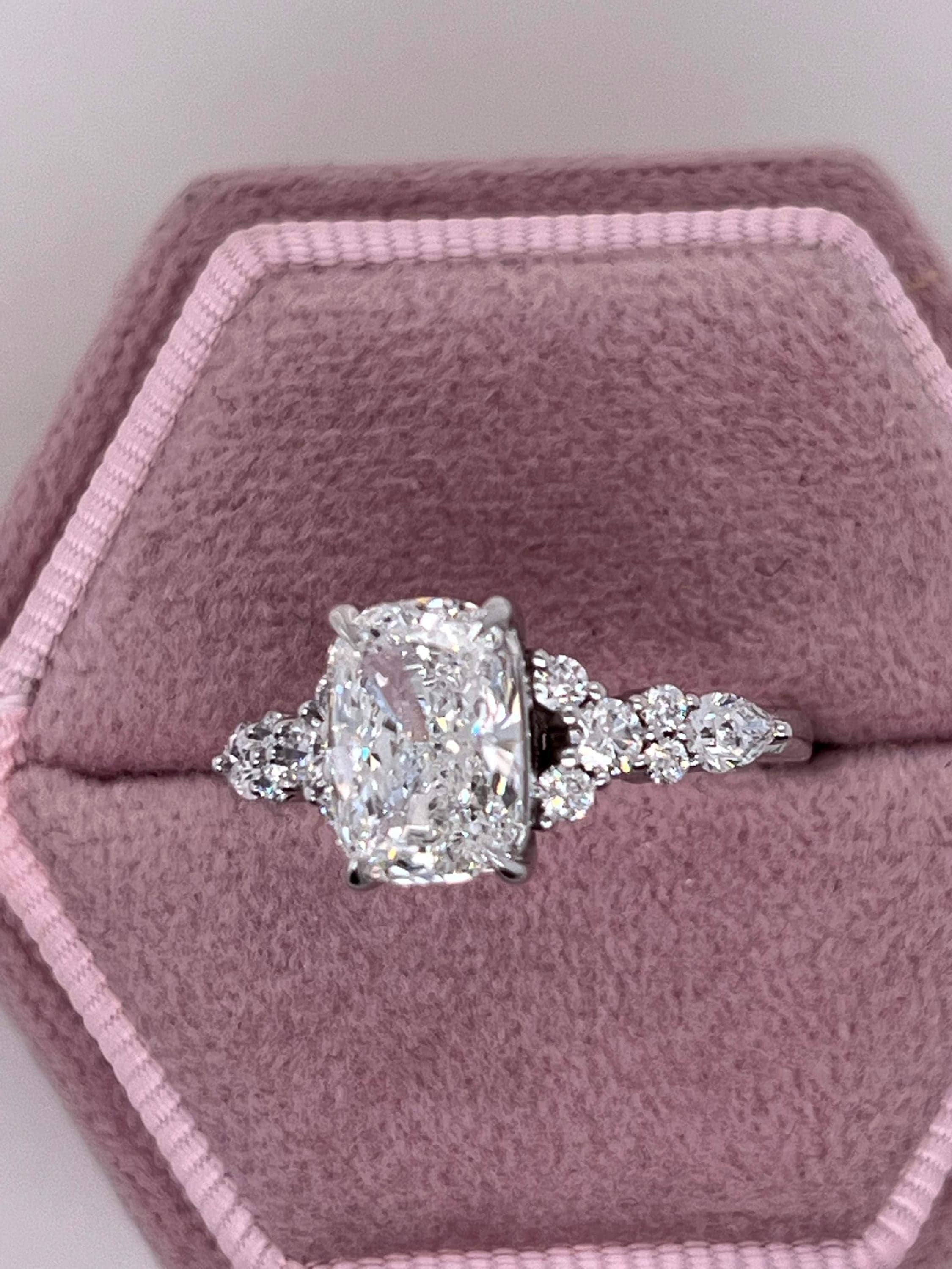 2.5 Carat Total Elongated Cushion Cut Diamond Engagement Ring with Side Pear & Round Diamonds