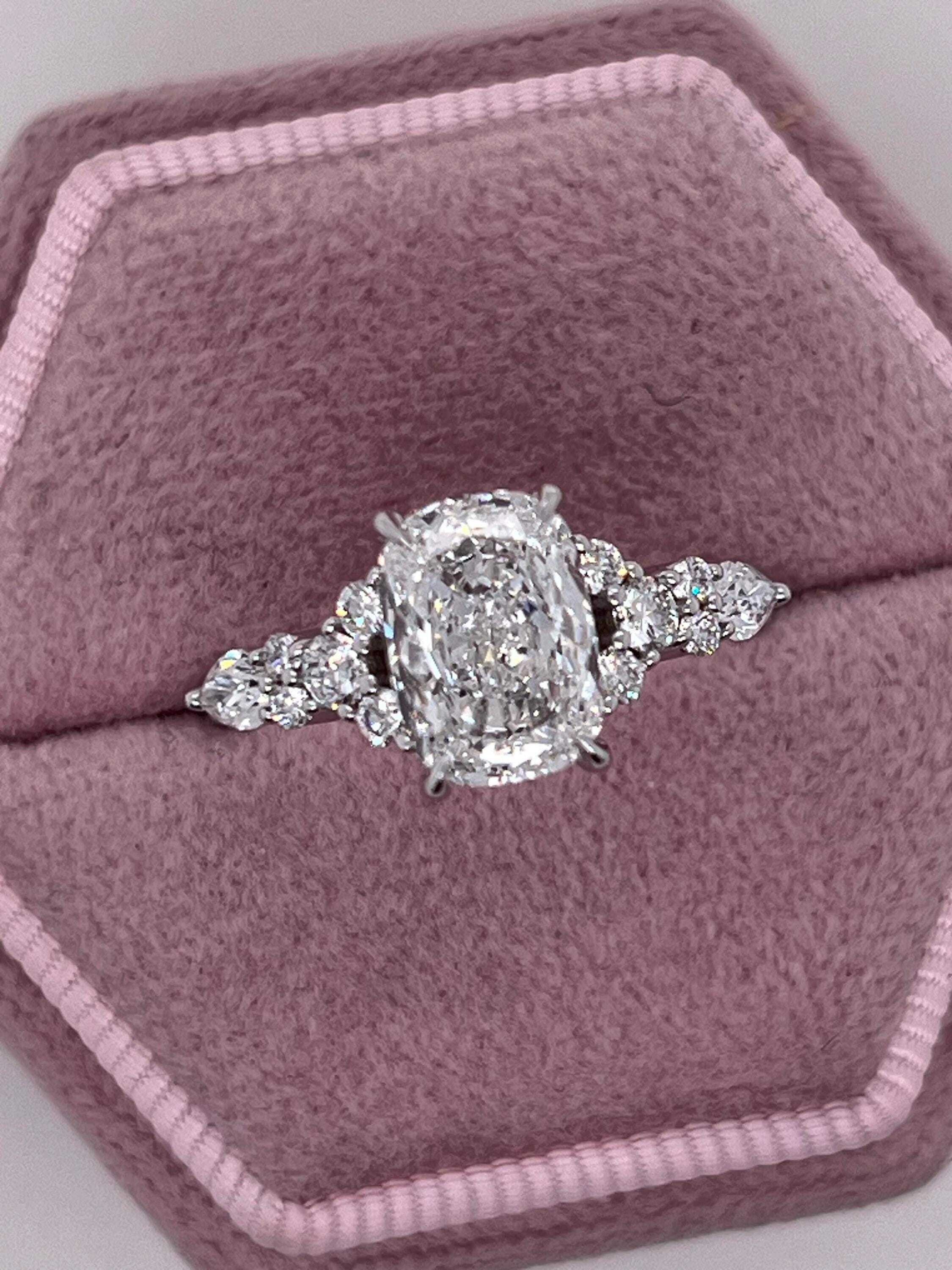 2.5 Carat Total Elongated Cushion Cut Diamond Engagement Ring with Side Pear & Round Diamonds