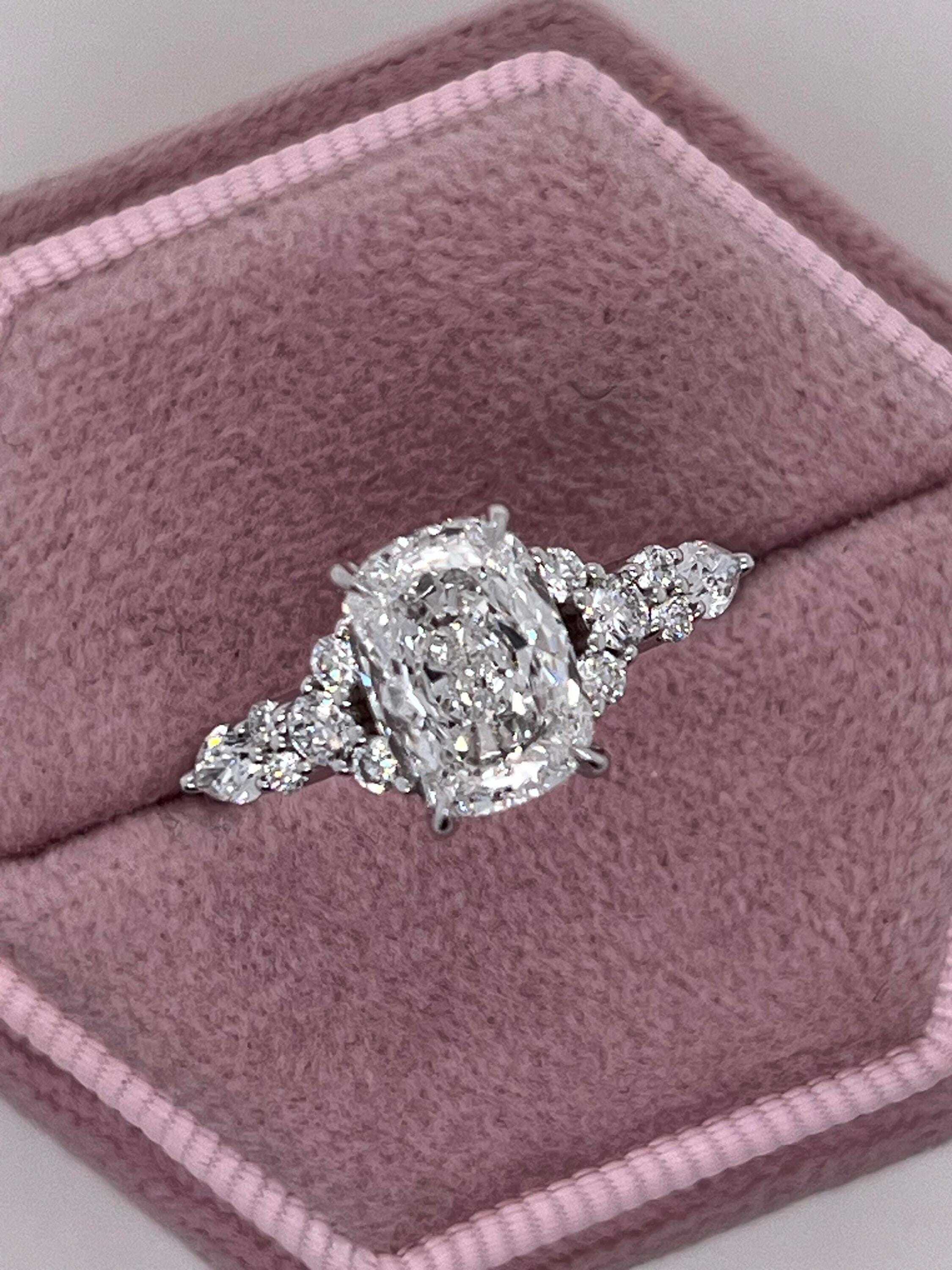 2.5 Carat Total Elongated Cushion Cut Diamond Engagement Ring with Side Pear & Round Diamonds