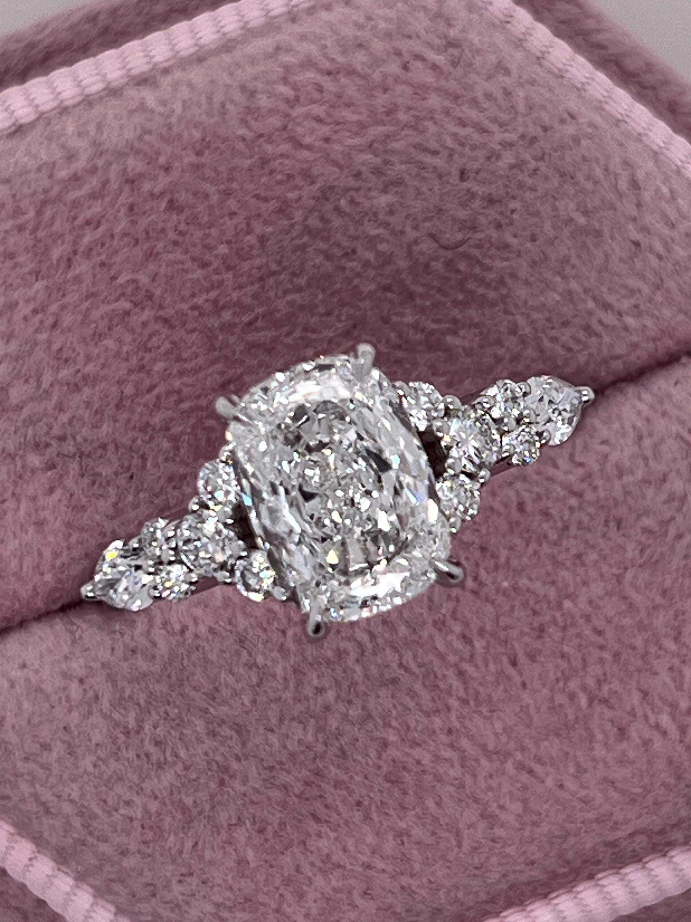 2.5 Carat Total Elongated Cushion Cut Diamond Engagement Ring with Side Pear & Round Diamonds