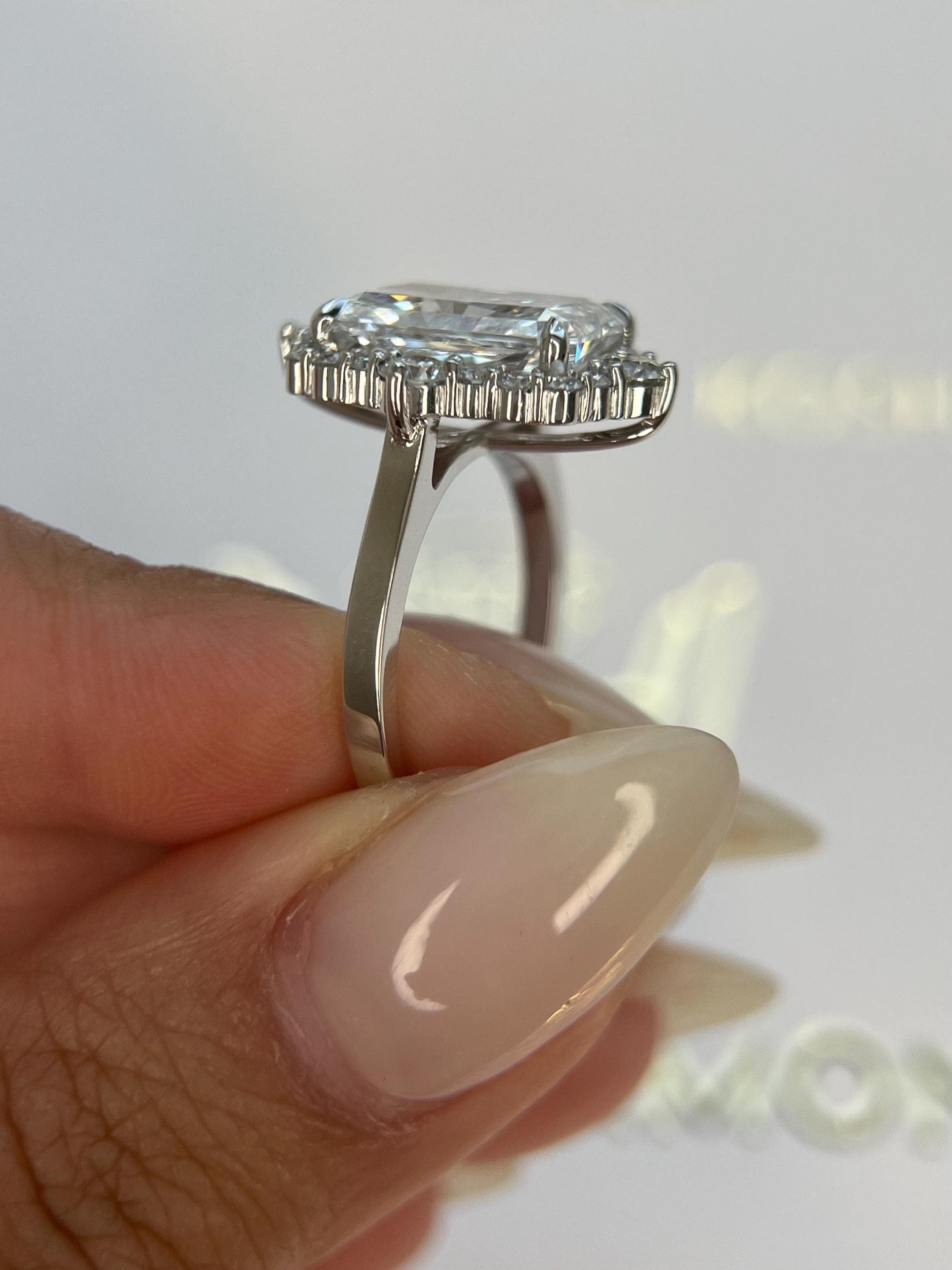 5.75 Carat Elongated Radiant Cut Diamond Halo Engagement Ring Side Round
