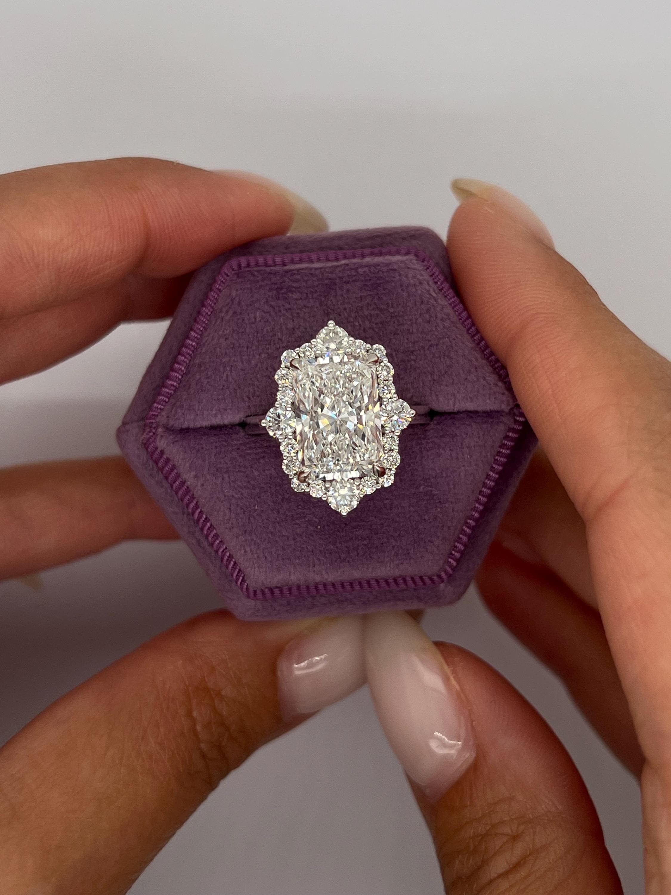 5.75 Carat Elongated Radiant Cut Diamond Halo Engagement Ring Side Round