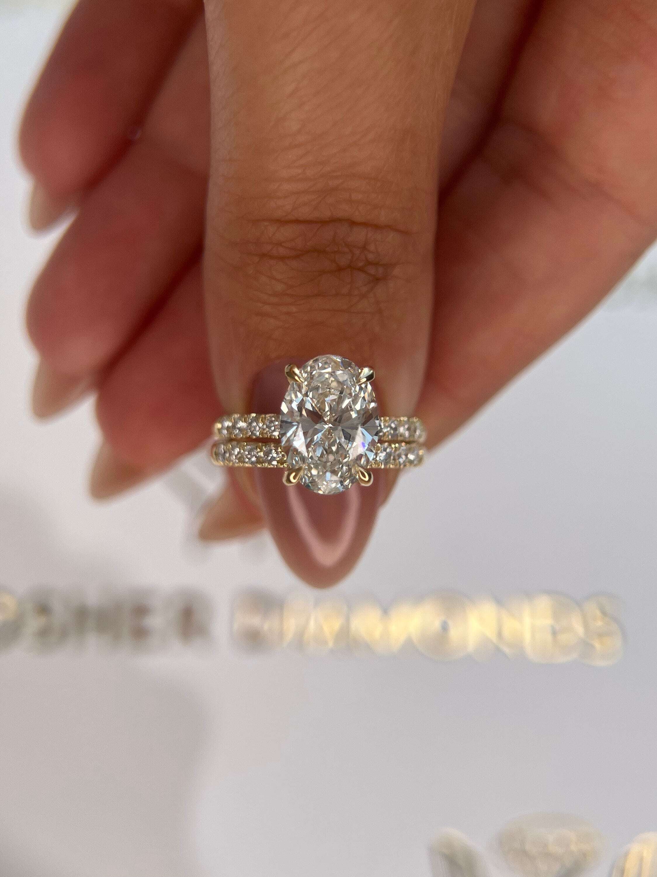 3.5 Carat Oval Diamond Hidden Halo Engagement Ring Set Matching Round Diamond Wedding Band