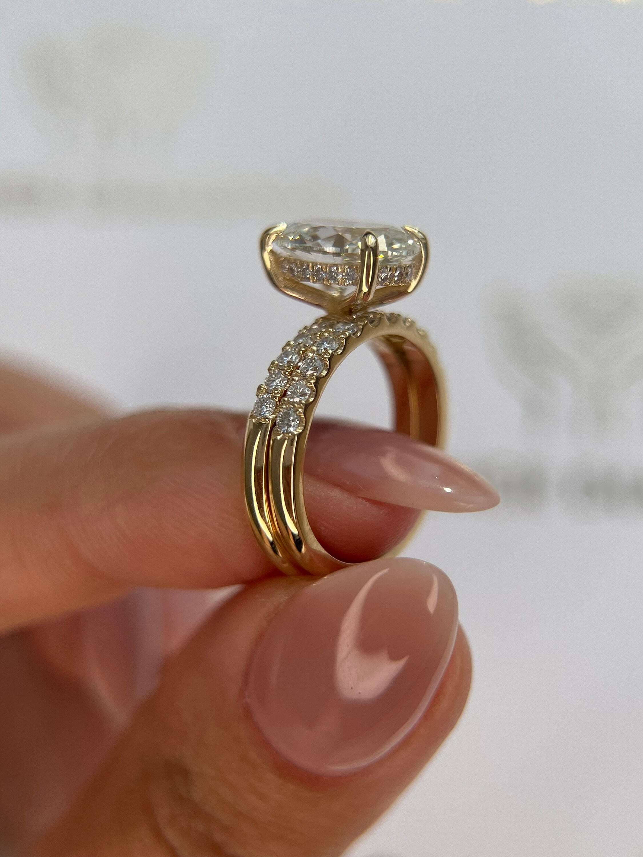 3.5 Carat Oval Diamond Hidden Halo Engagement Ring Set Matching Round Diamond Wedding Band