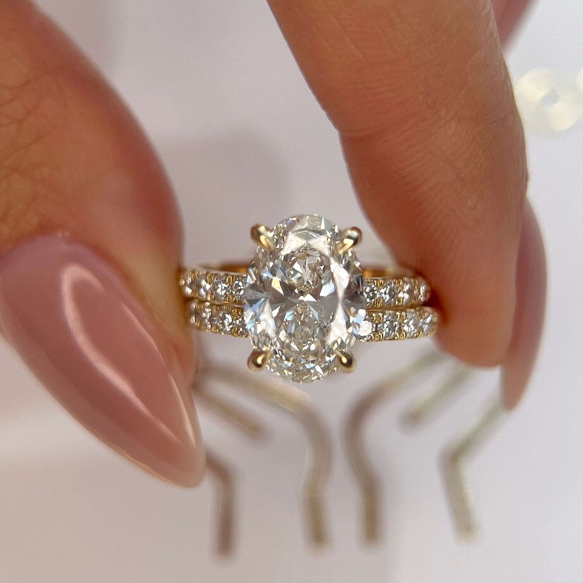 3.5 Carat Oval Diamond Hidden Halo Engagement Ring Set Matching Round Diamond Wedding Band