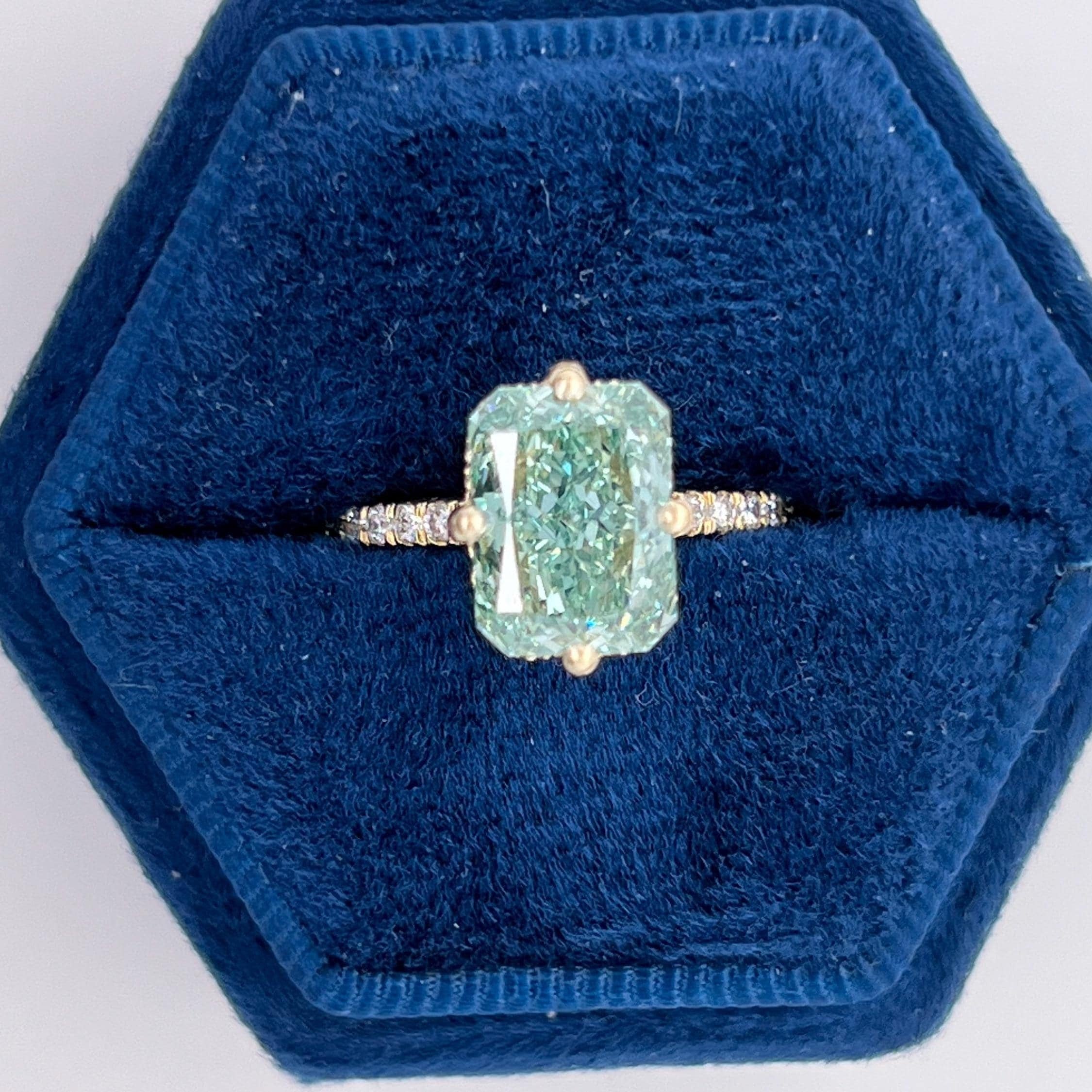 Fancy Vivid Green 3.25 Carat Total Radiant Cut Diamond Compass Hidden Halo Engagement Ring