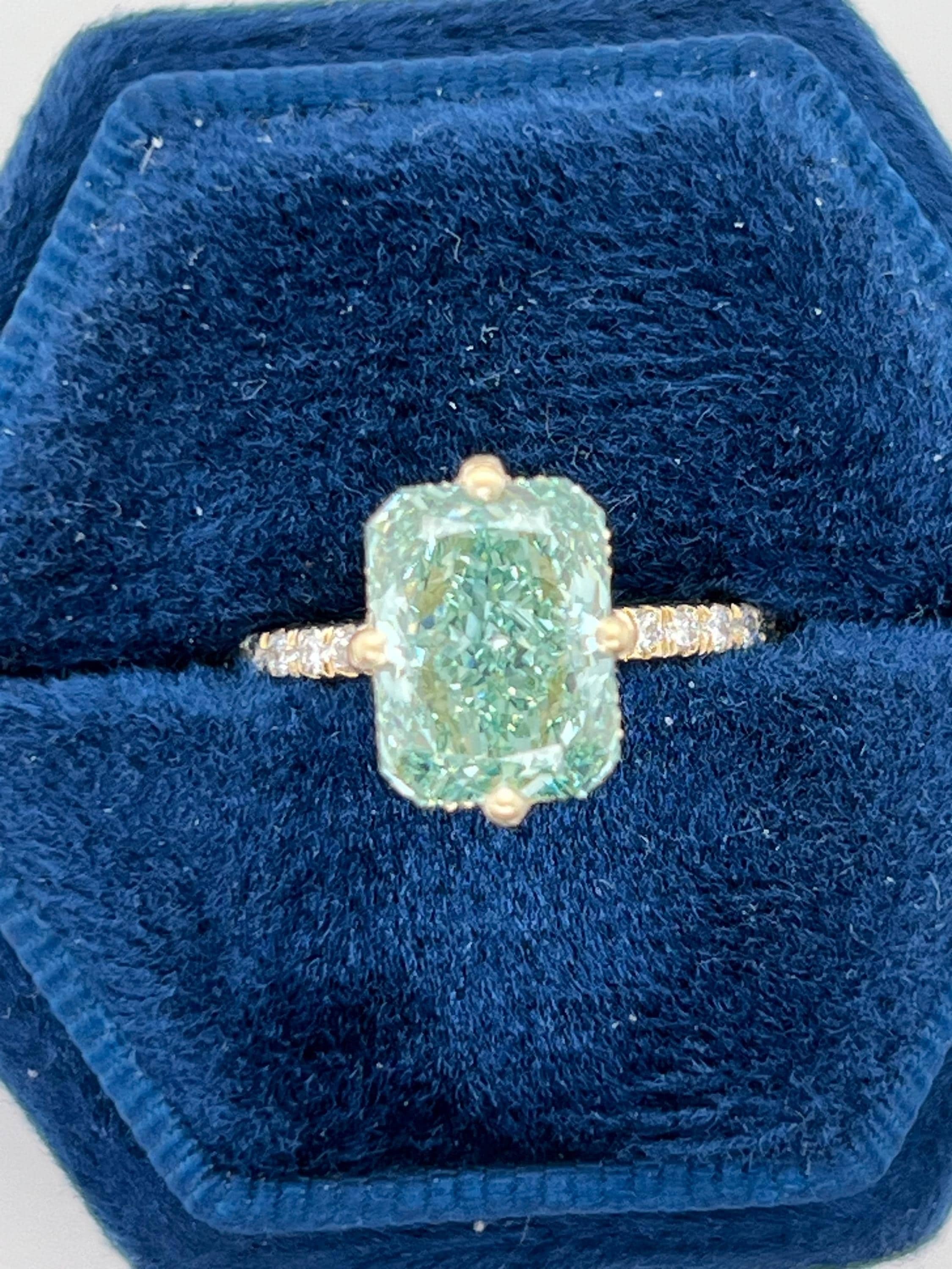 Fancy Vivid Green 3.25 Carat Total Radiant Cut Diamond Compass Hidden Halo Engagement Ring