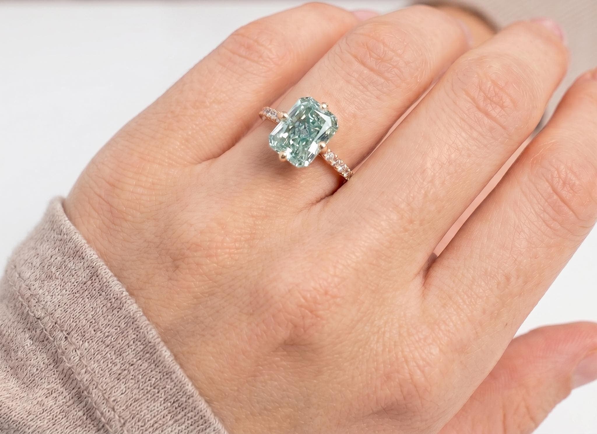Fancy Vivid Green 3.25 Carat Total Radiant Cut Diamond Compass Hidden Halo Engagement Ring