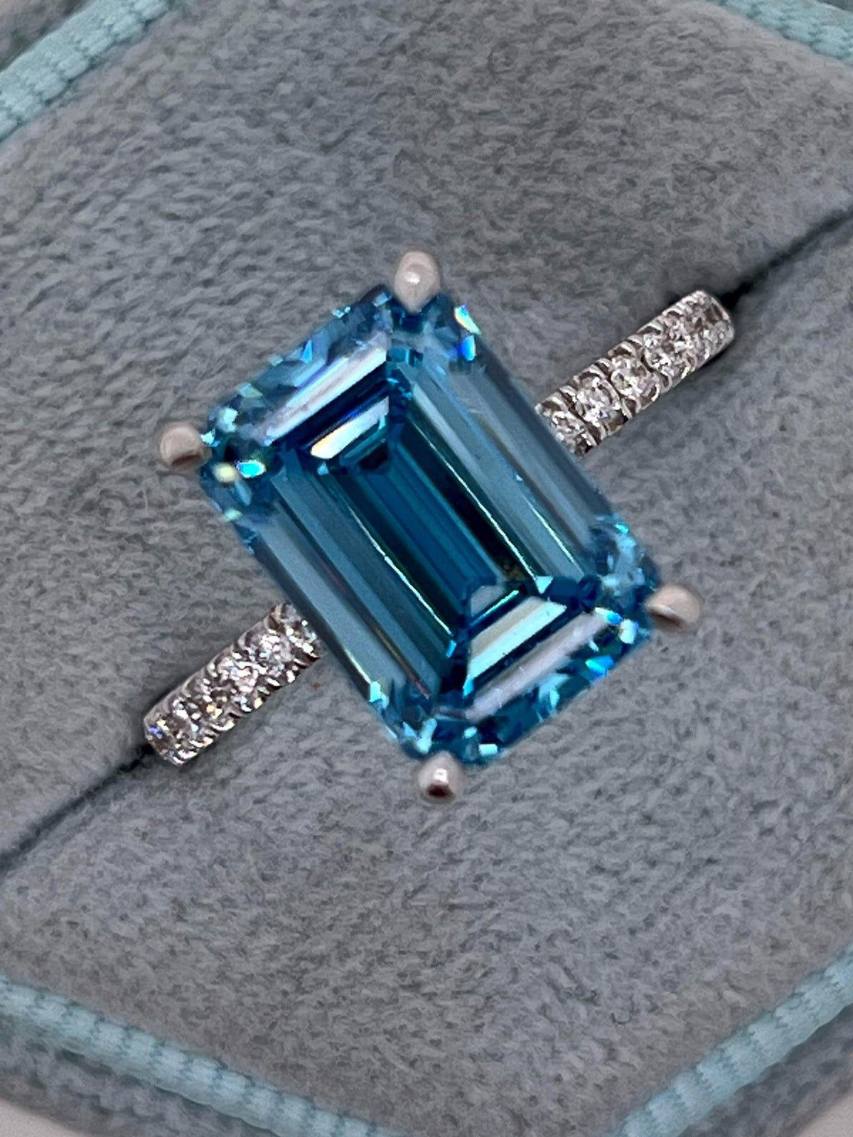 5.25 Carat Fancy Vivid Blue Color Emerald Cut Diamond Hidden Halo Engagement Ring