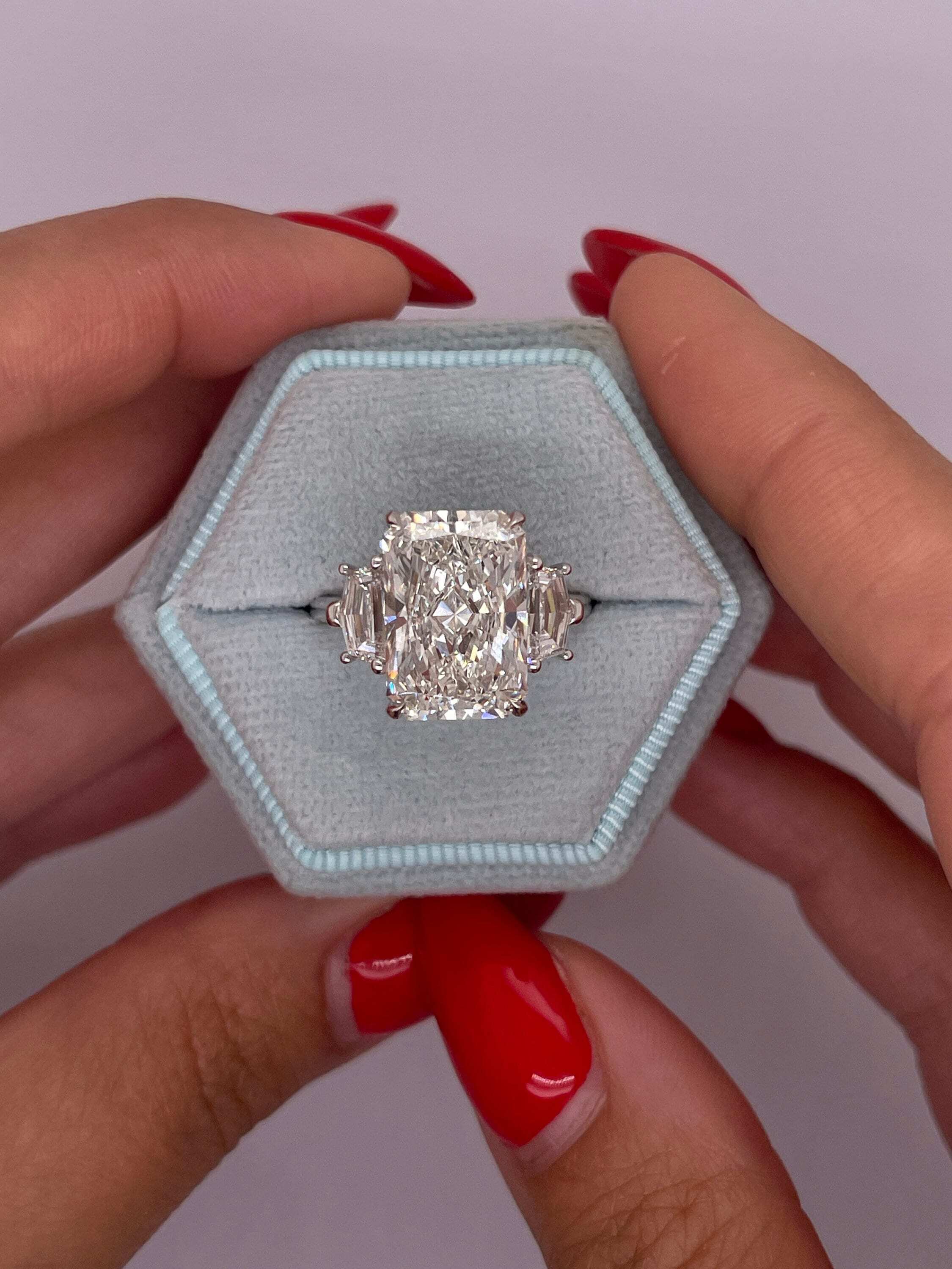 6.70 Carat Elongated Radiant Cut Three Stone Diamond Engagement Ring Side Cadillac Shape Diamonds