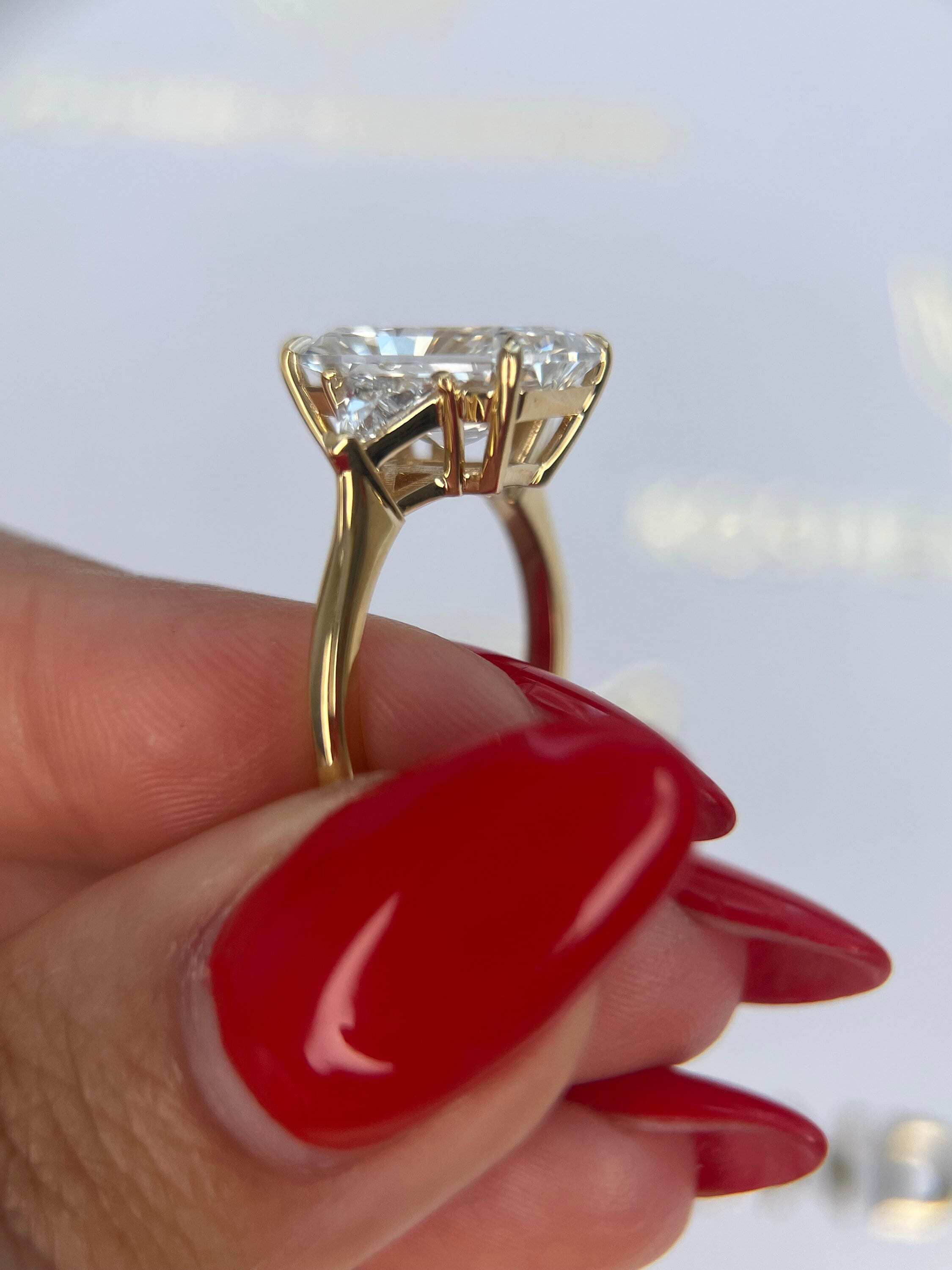 6.5 Carat Radiant Cut Three Stone Diamond Engagement Ring Side Trillion Cuts