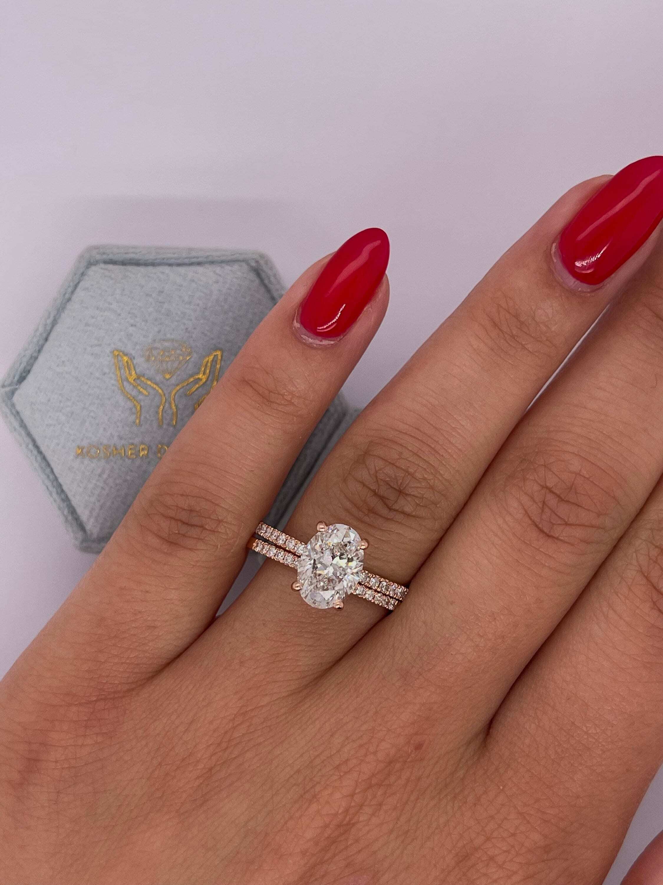 2.5 Carat Oval Cut Solitaire Hidden Halo Diamond Engagement Ring Set with Matching Round Diamond Band