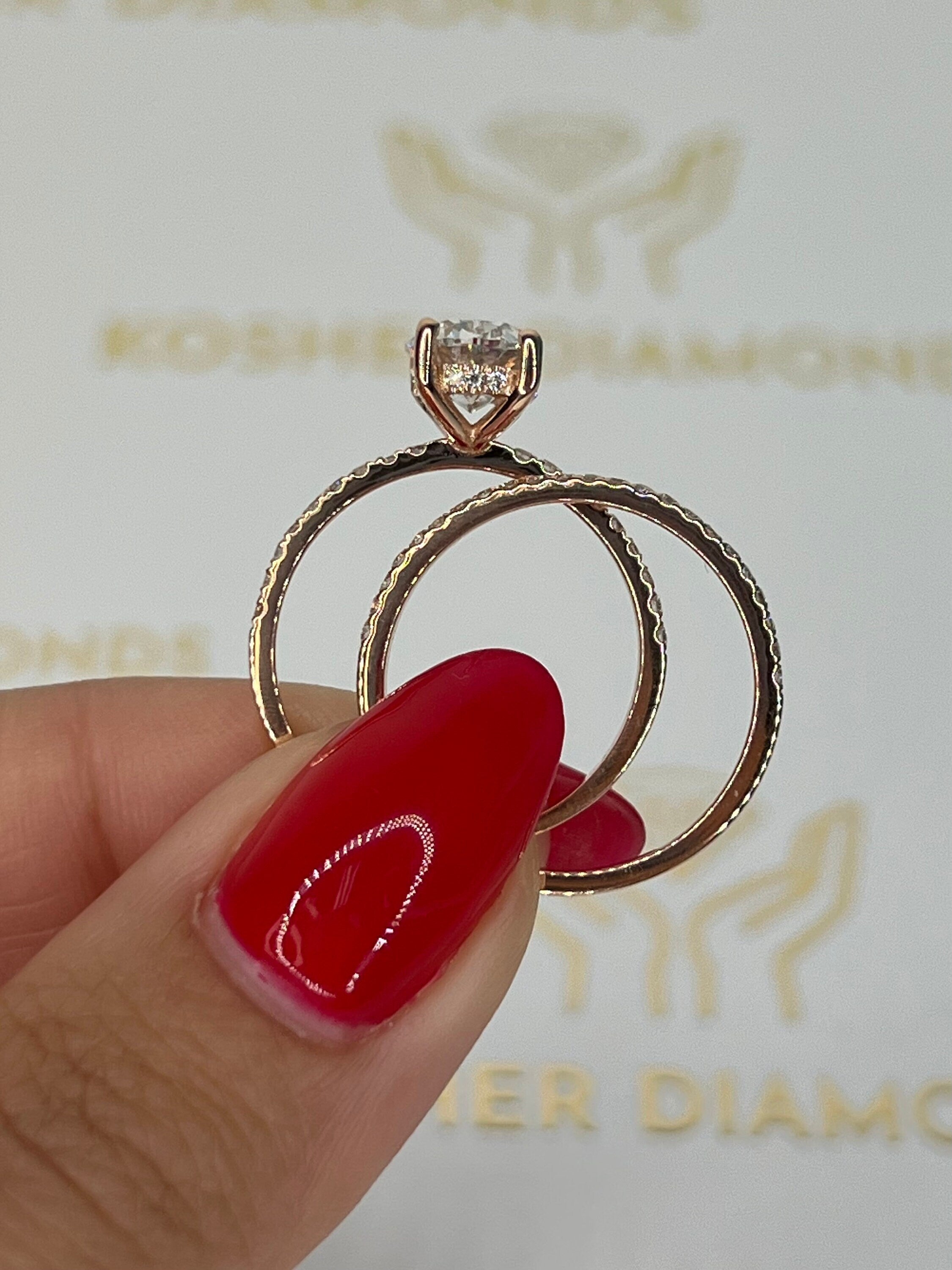 2.5 Carat Oval Cut Solitaire Hidden Halo Diamond Engagement Ring Set with Matching Round Diamond Band