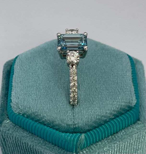 2.3 Carat Fancy Vivid Blue Emerald Diamond Three Stone Engagement Ring