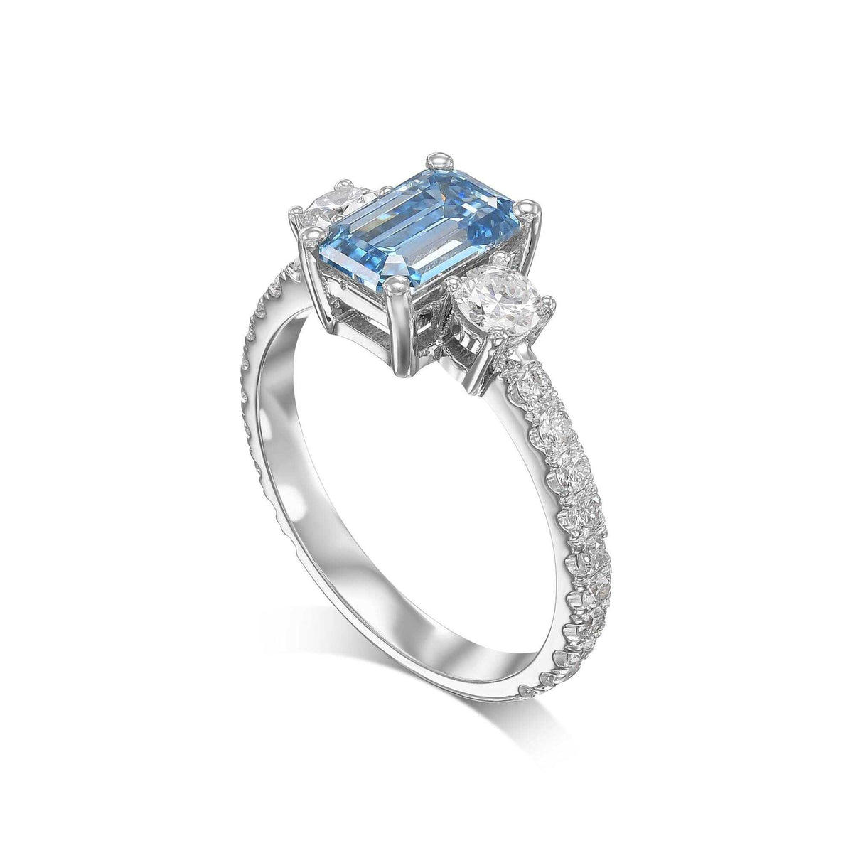 2.3 Carat Fancy Vivid Blue Emerald Diamond Three Stone Engagement Ring
