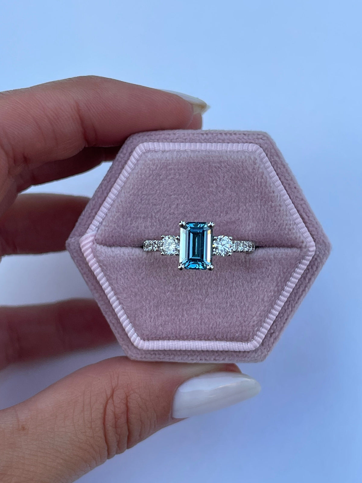2.3 Carat Fancy Vivid Blue Emerald Diamond Three Stone Engagement Ring