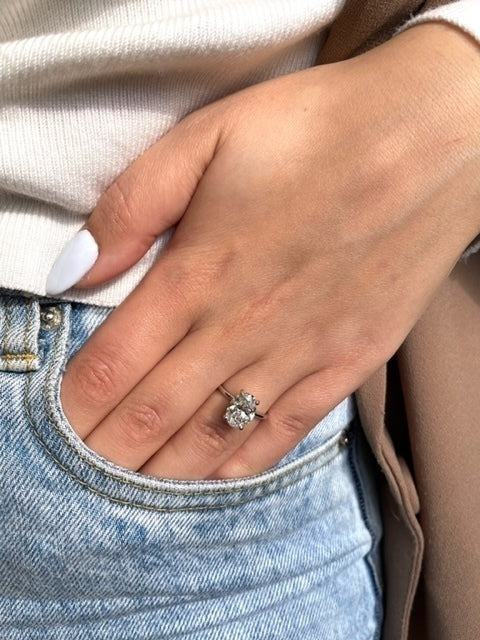 3 Carat Oval Cut Diamond Solitaire Engagement Ring, Hidden Halo of Round Diamonds