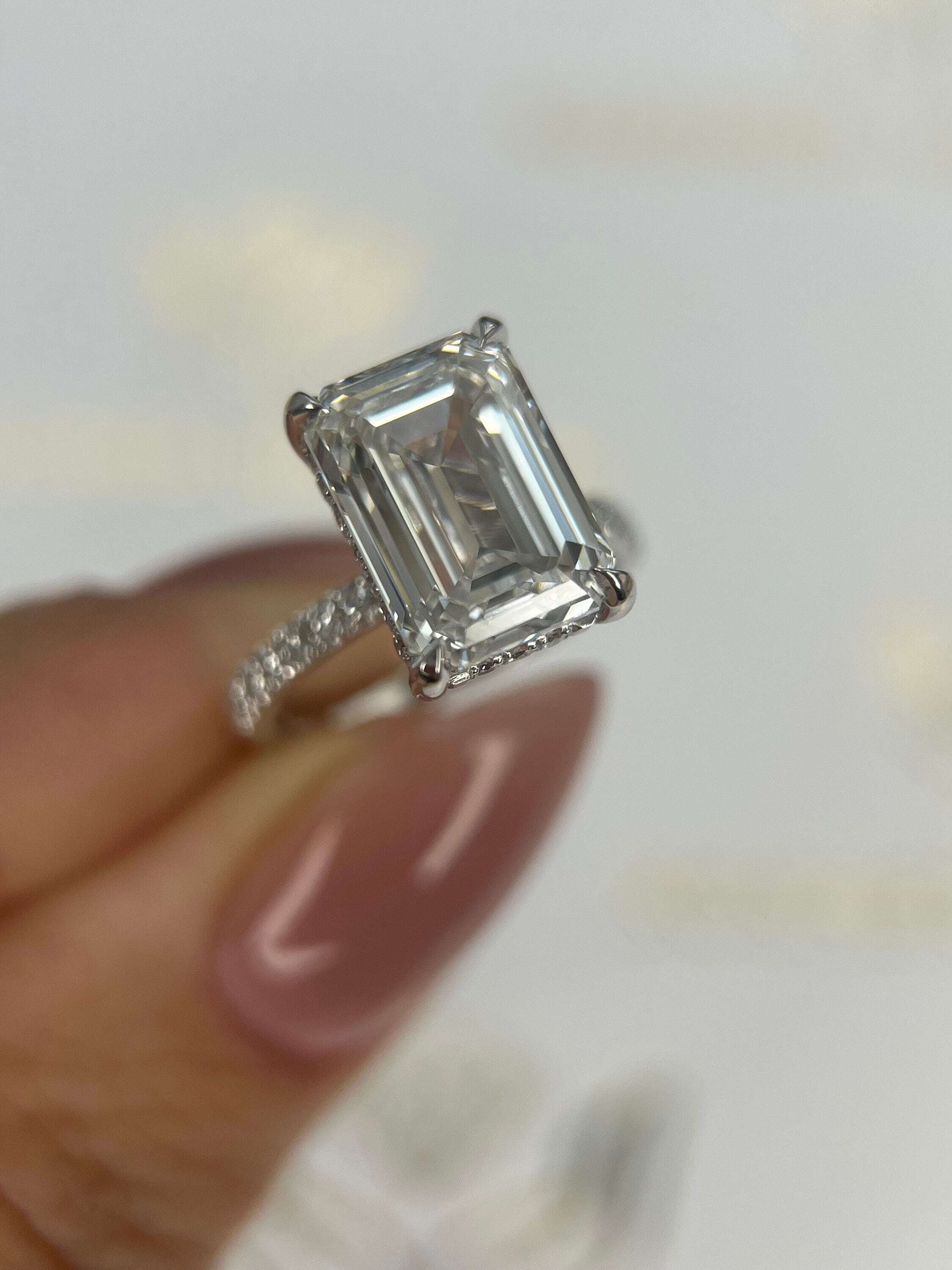 5.3 Carat Emerald Cut Diamond Solitaire Hidden Halo Engagement Ring, Side Round Diamonds