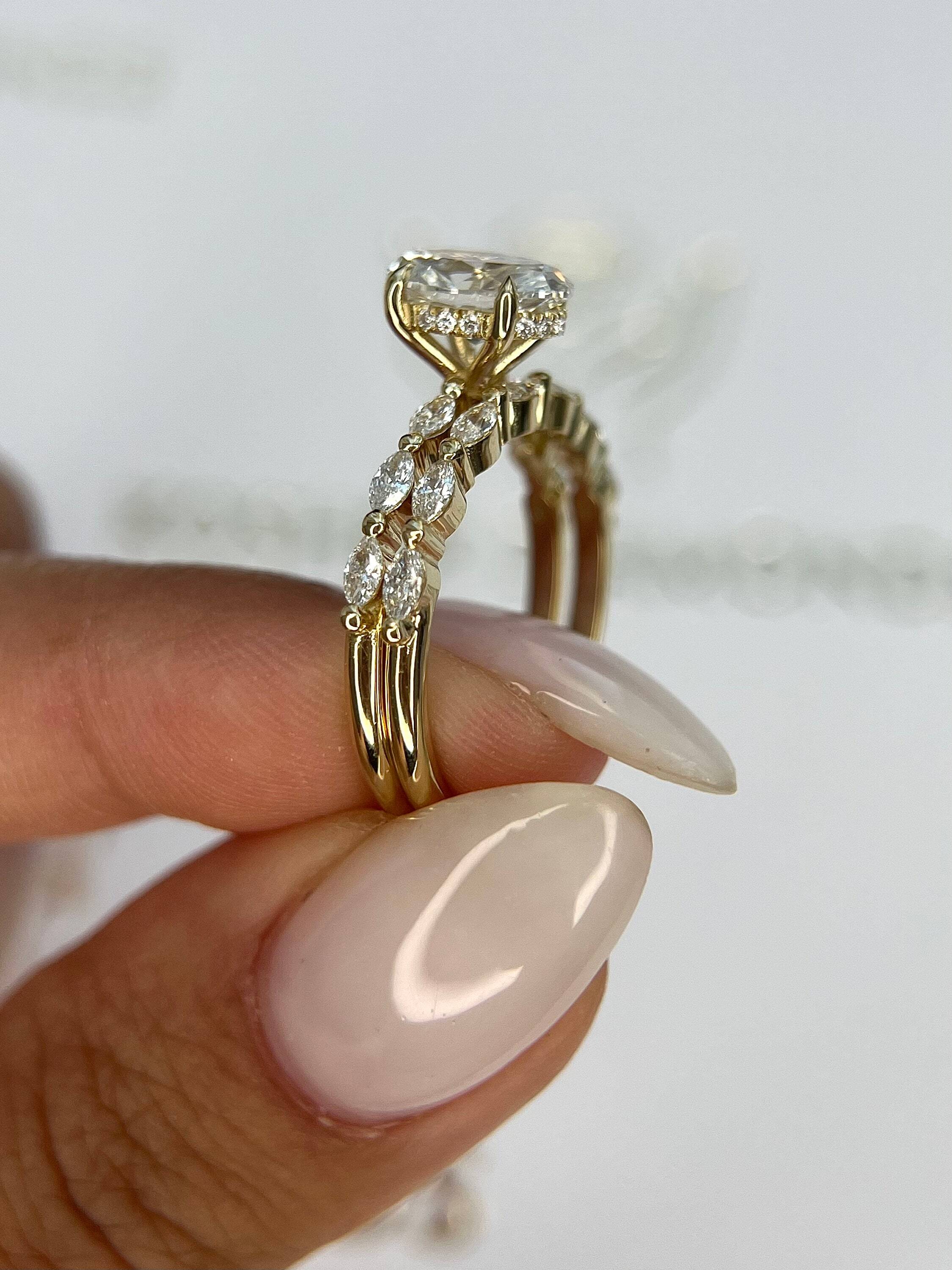 2.5 Carat D Color VVS1 Clarity Oval Cut Diamond Hidden Halo Engagement Ring Set, Matching Marquise Diamond Band