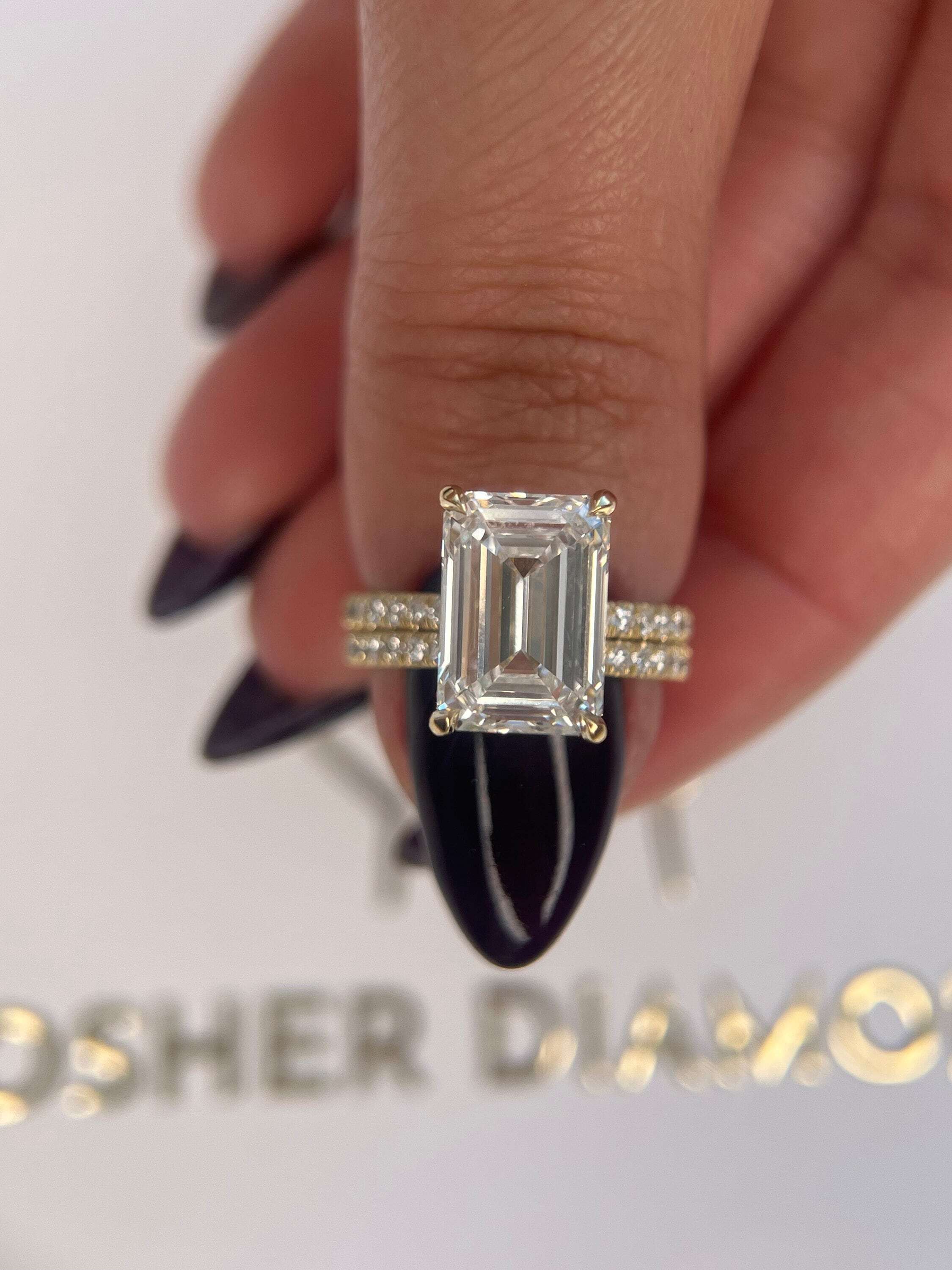 5.5 Carat Emerald Cut Diamond Hidden Halo Engagement Ring & Matching Band Wedding Set
