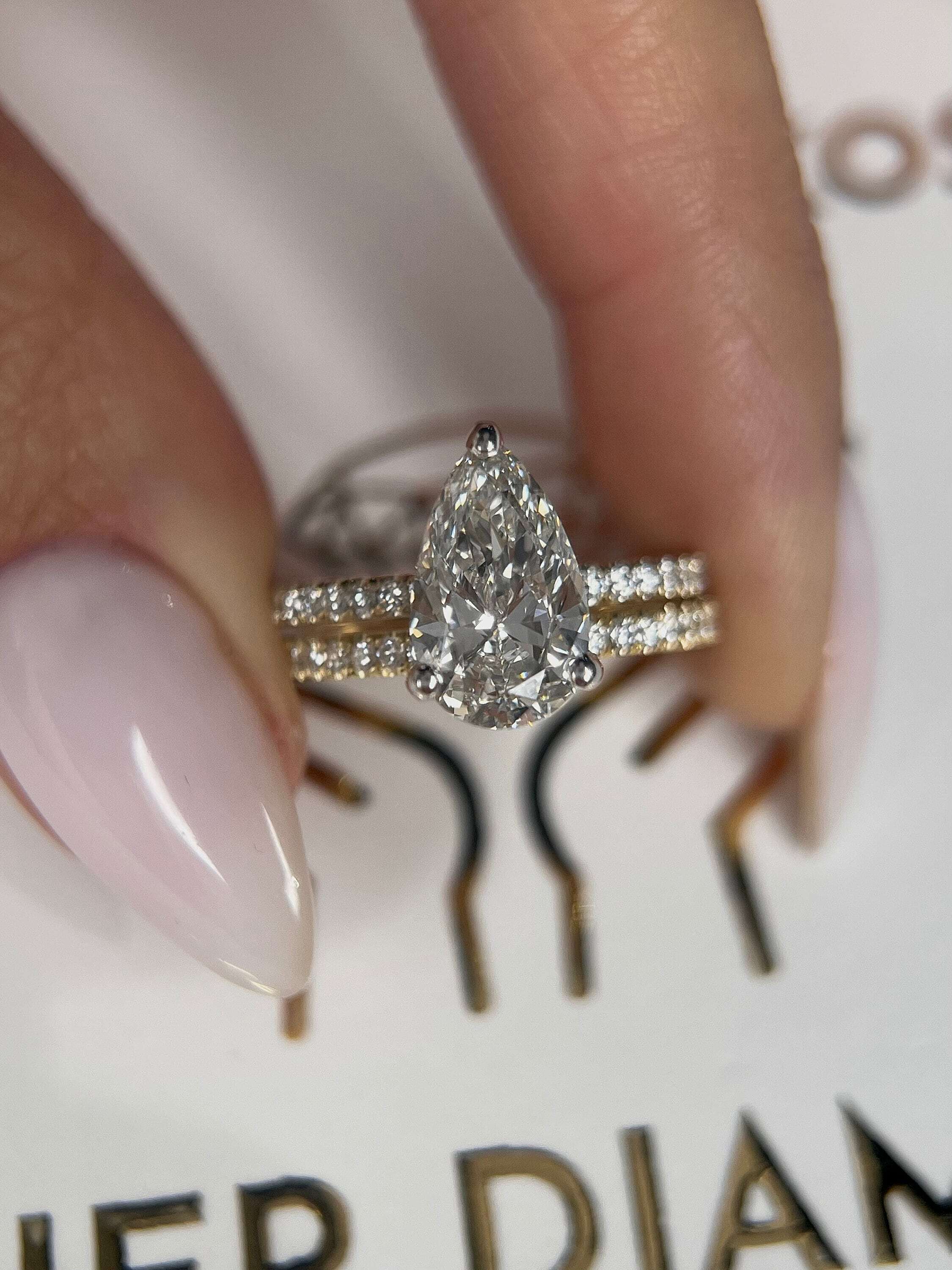 2.5 Carat Pear Cut Hidden Halo Diamond Engagement Ring Set, Matching Round Diamond Wedding Band