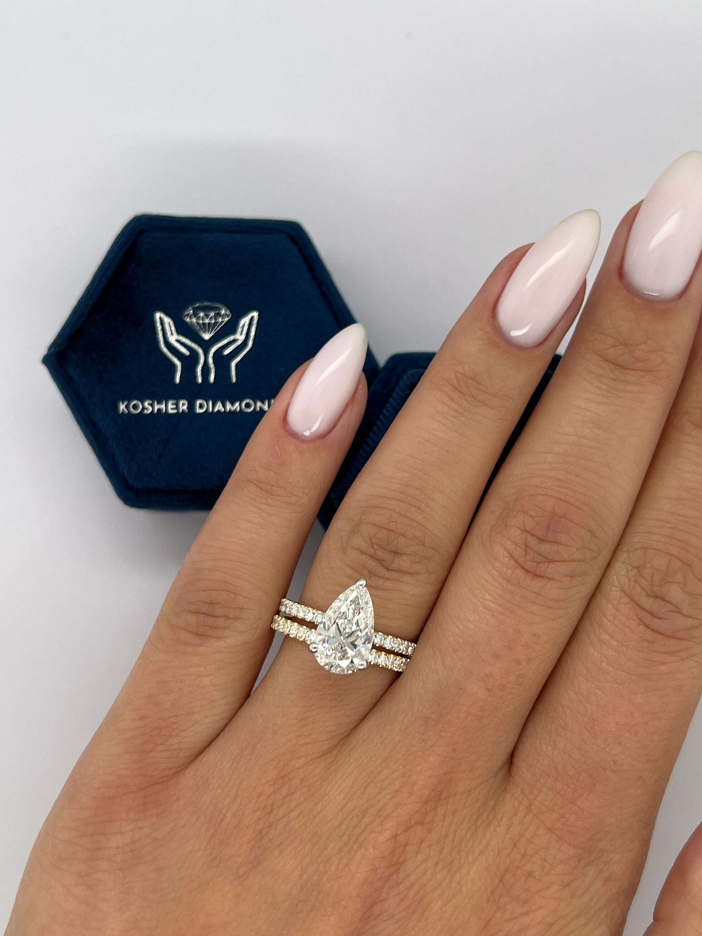 2.5 Carat Pear Cut Hidden Halo Diamond Engagement Ring Set, Matching Round Diamond Wedding Band