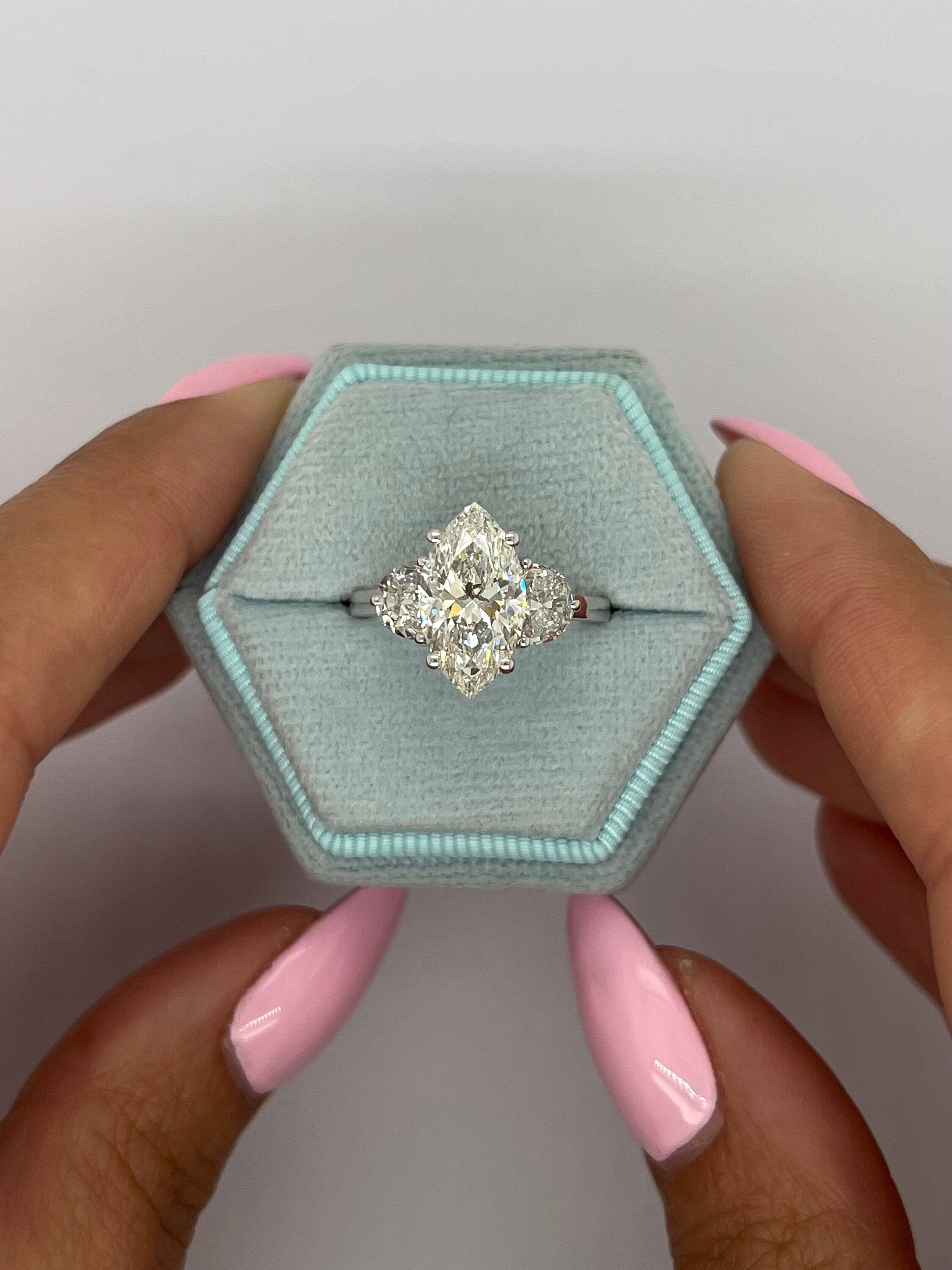 5 Carat Marquise Cut Diamond Three Stone Engagement Ring, Half Moon Sides Stones