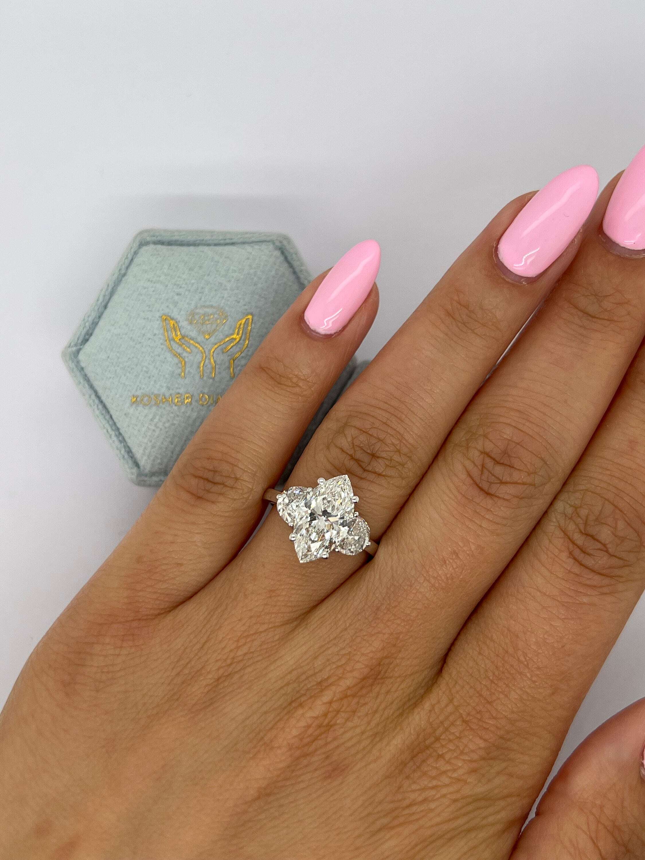 5 Carat Marquise Cut Diamond Three Stone Engagement Ring, Half Moon Sides Stones