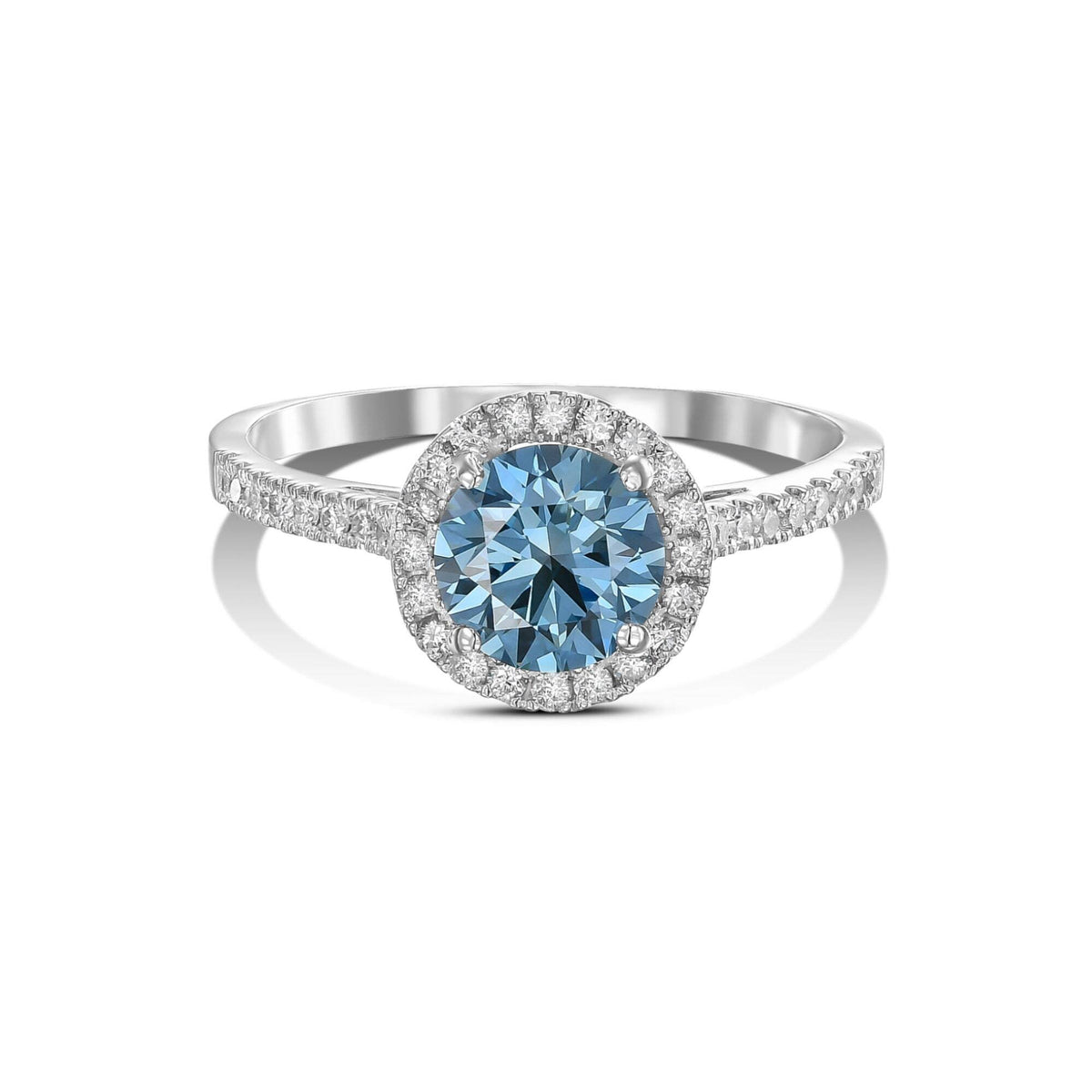 1.5 Carat Fancy Vivid Blue Round Cut Diamond Halo Cathedral Engagement Ring with Pavé Side Diamonds