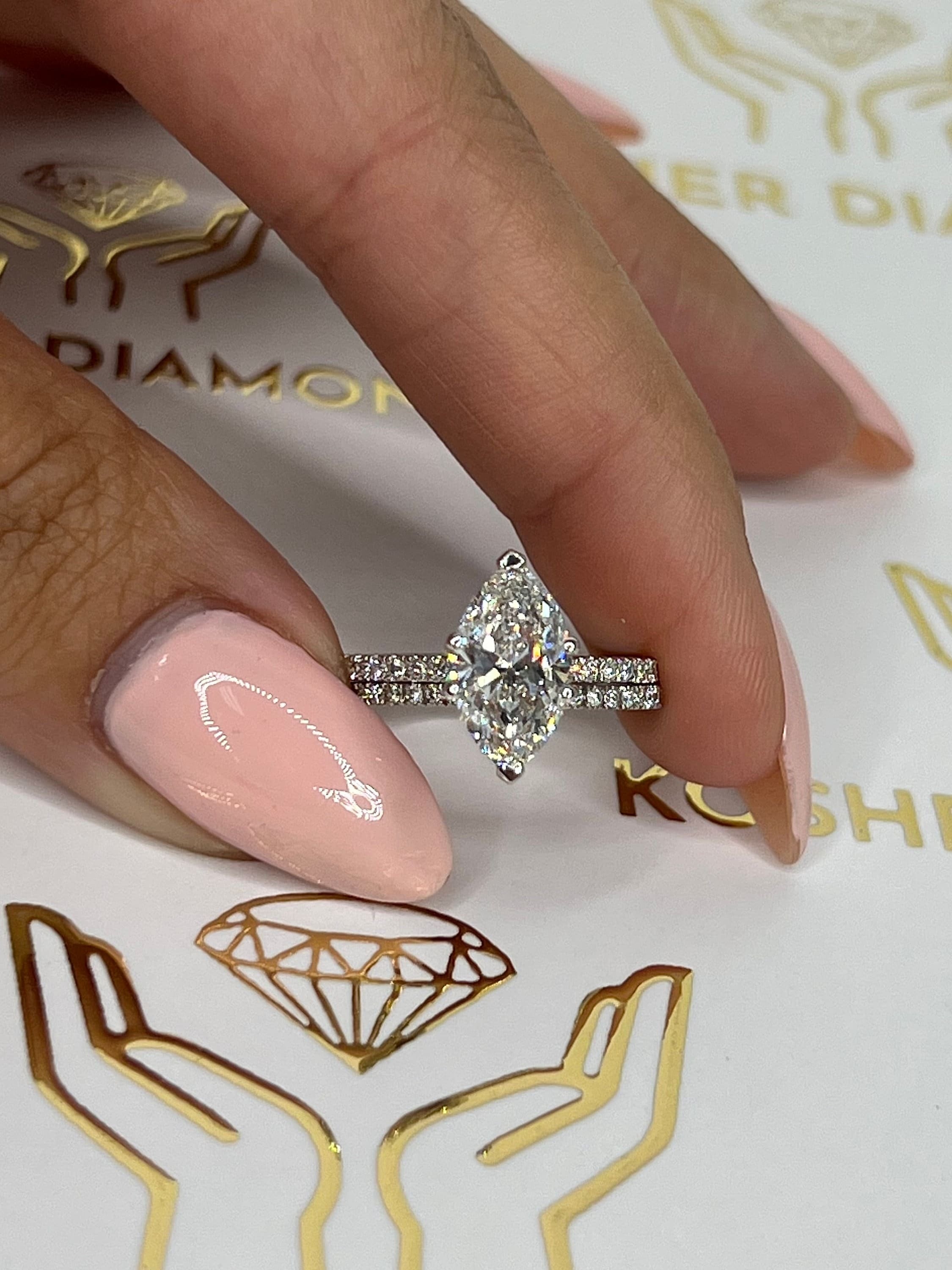 2.5 carat Marquise Cut Diamond Hidden Halo Engagement Ring Set, Matching Round Cut Diamond Band White Gold