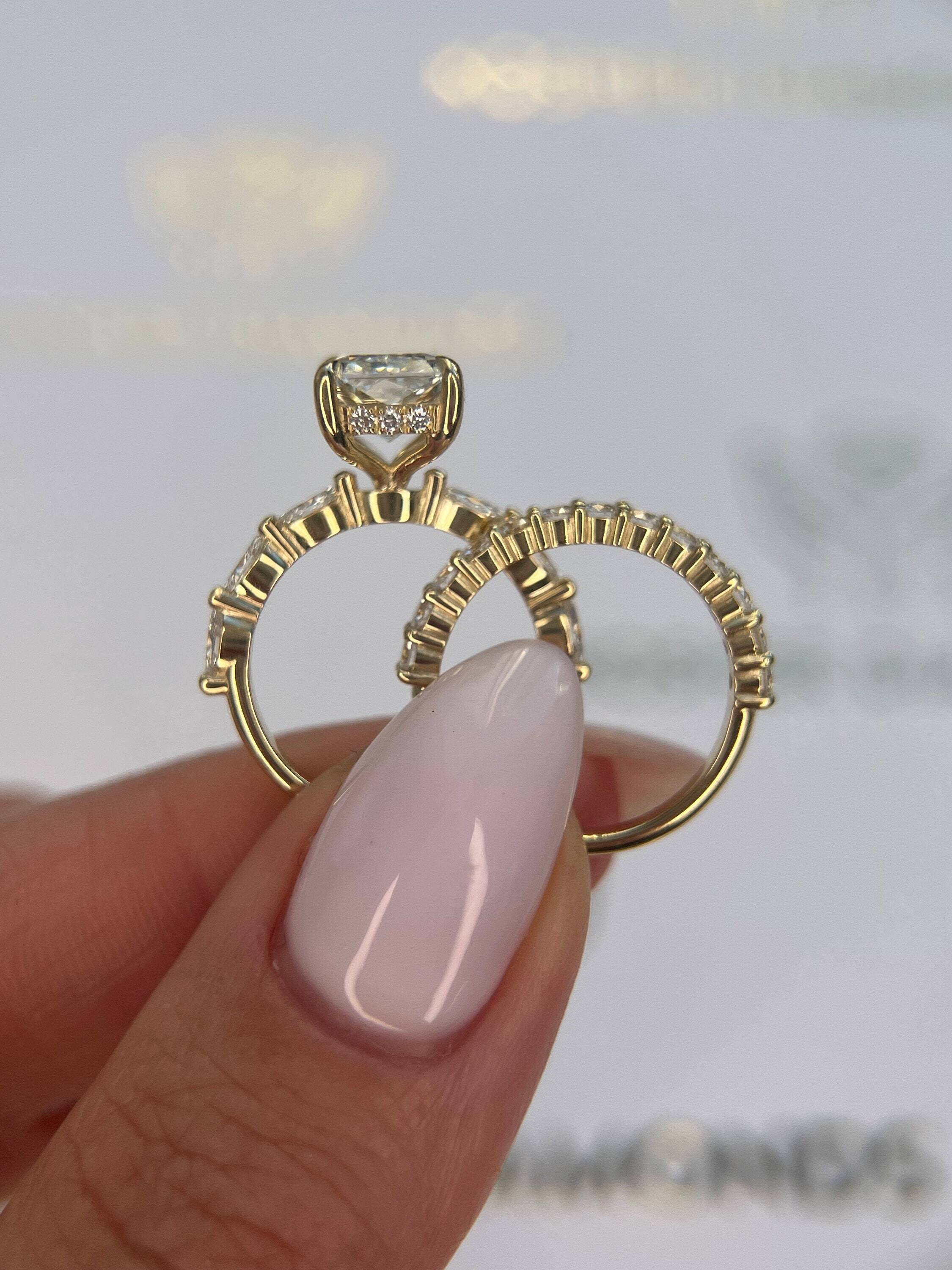 3.75 Carat Radiant Cut Hidden Halo Diamond Engagement Ring Side Marquise Set, Matching Round Diamond Band