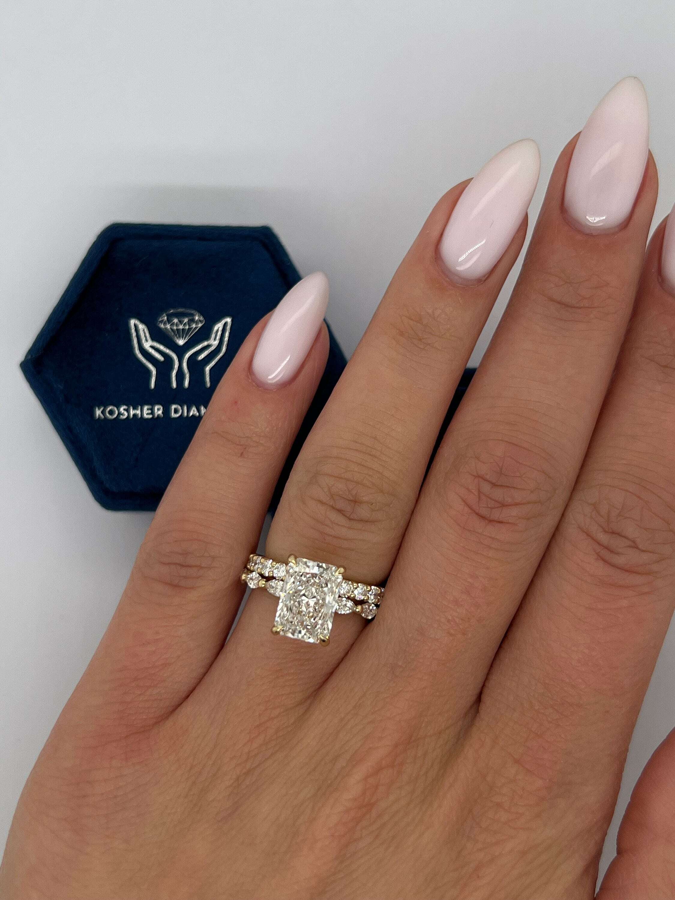 3.75 Carat Radiant Cut Hidden Halo Diamond Engagement Ring Side Marquise Set, Matching Round Diamond Band