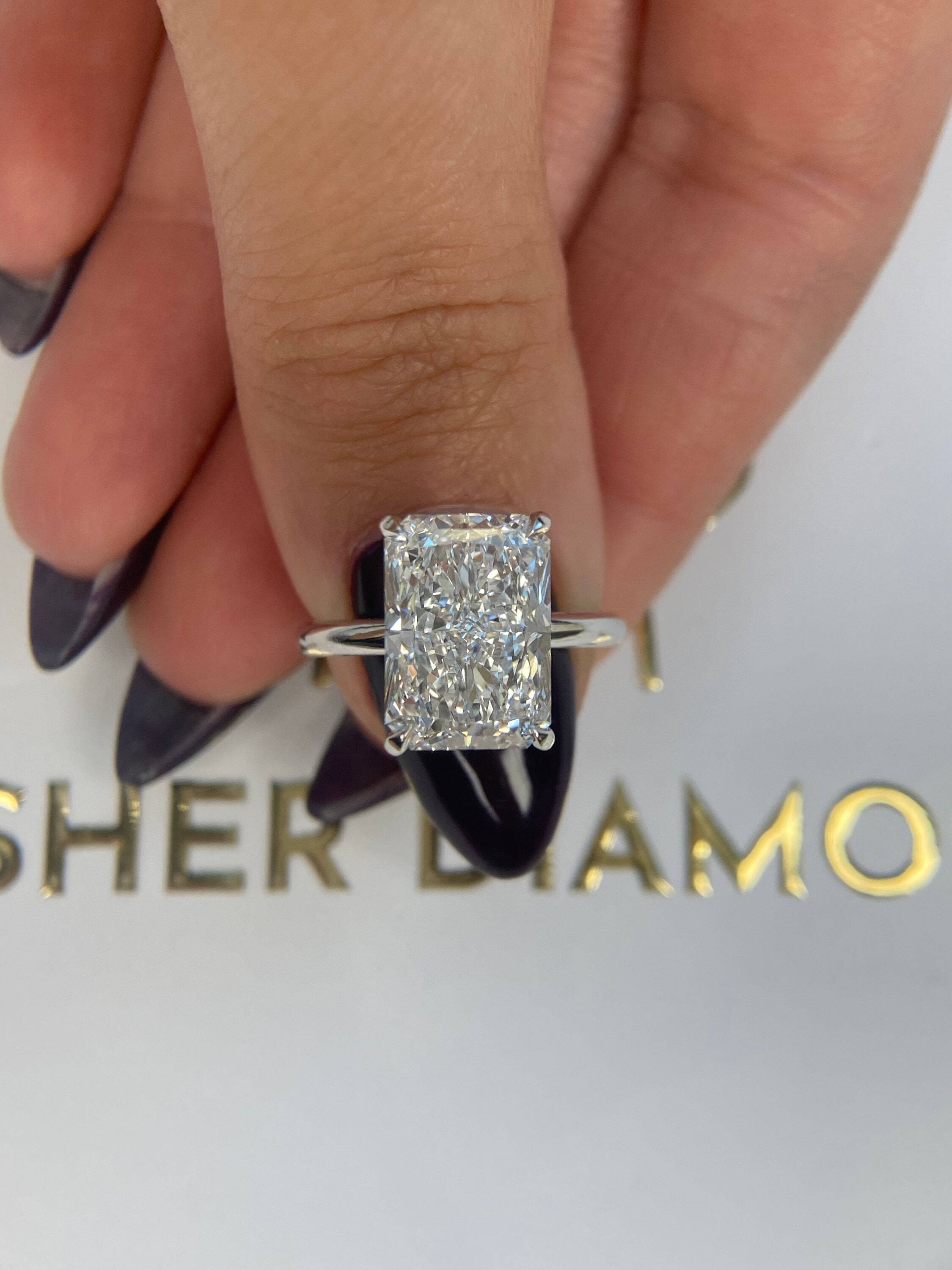 6 Carat Elongated Radiant Excellent Cut Diamond Solitaire Engagement Ring