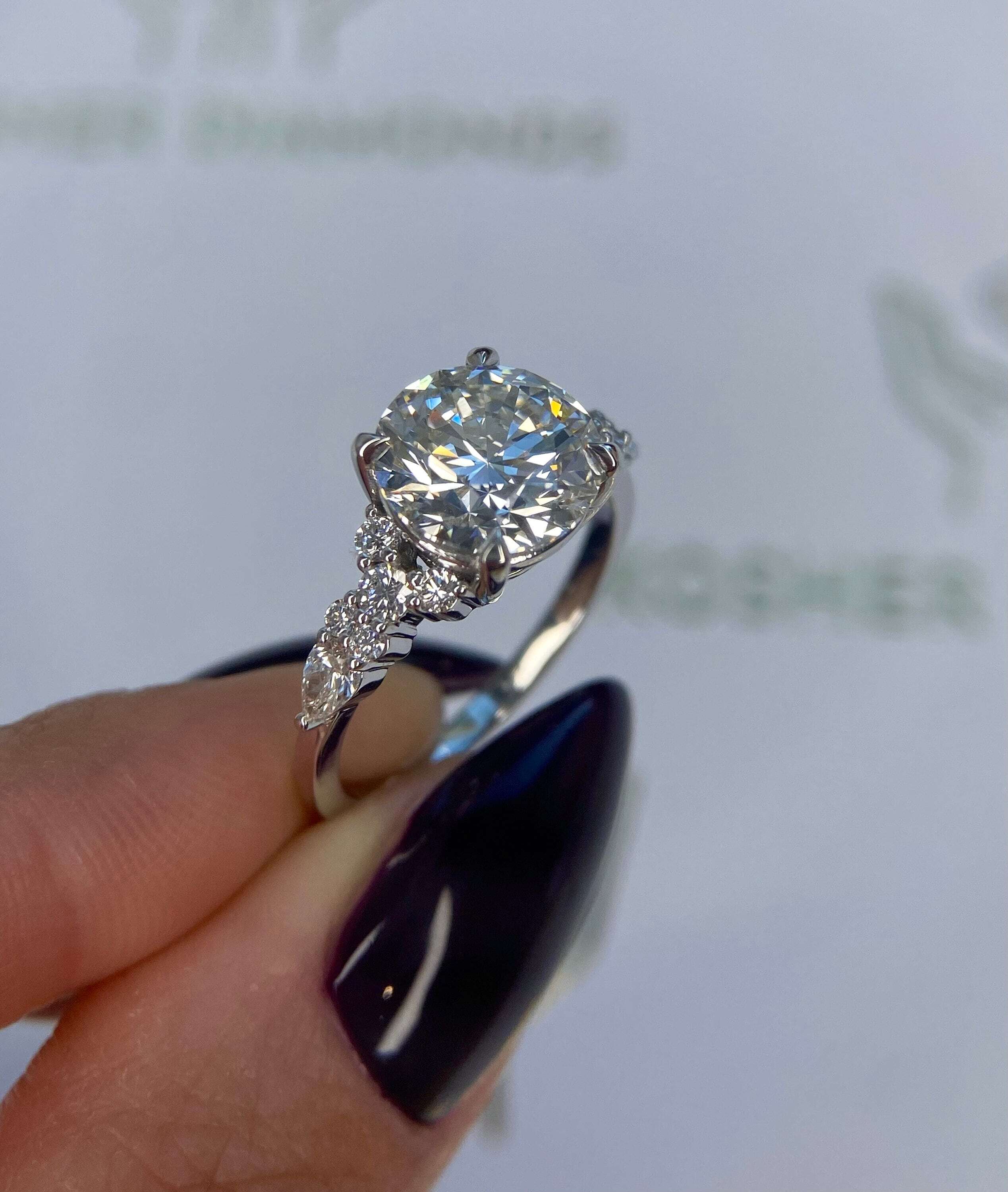2.5 Carat Round Ideal Cut Diamond Engagement Ring Side Round & Pear Diamonds