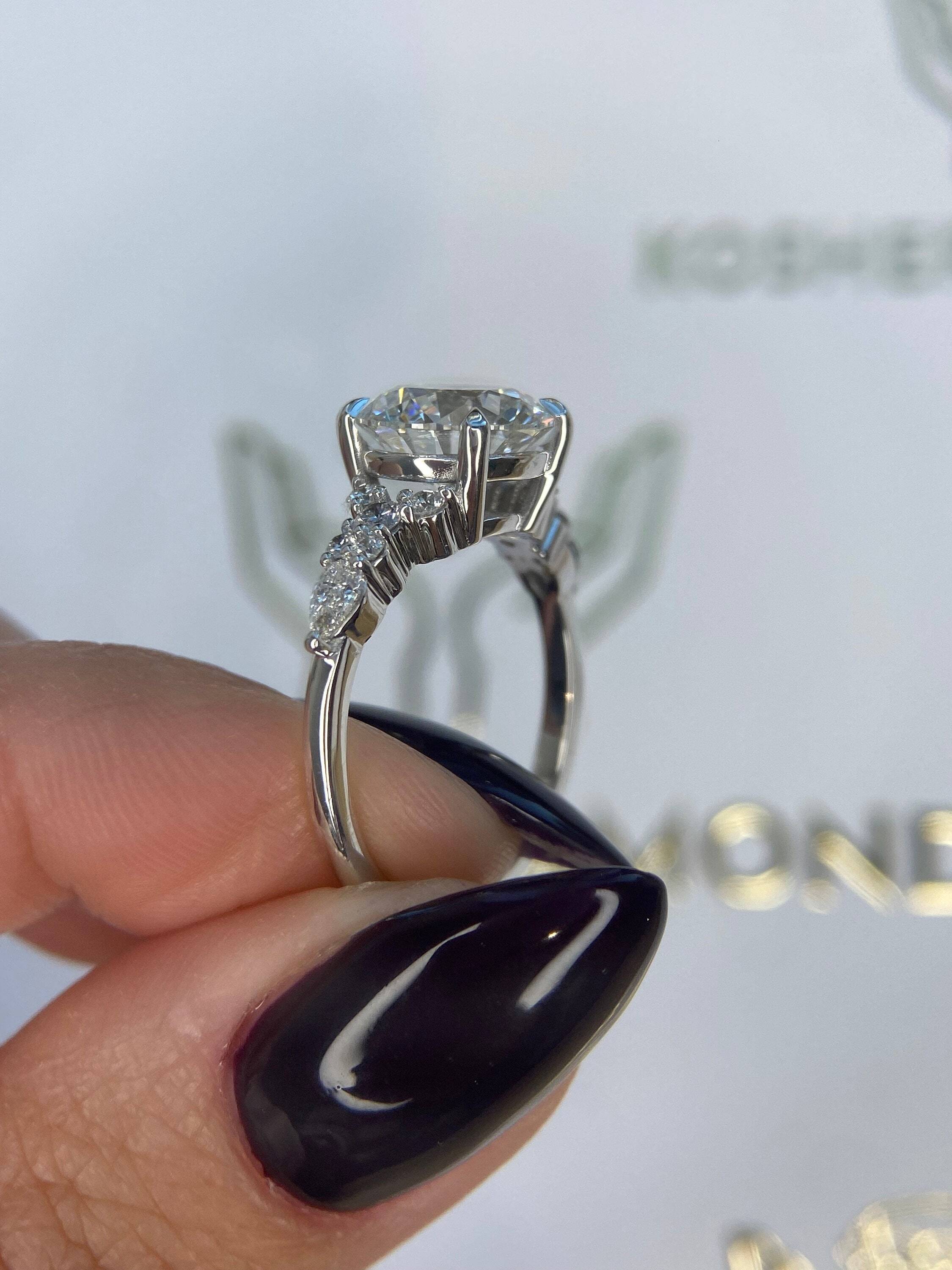 2.5 Carat Round Ideal Cut Diamond Engagement Ring Side Round & Pear Diamonds