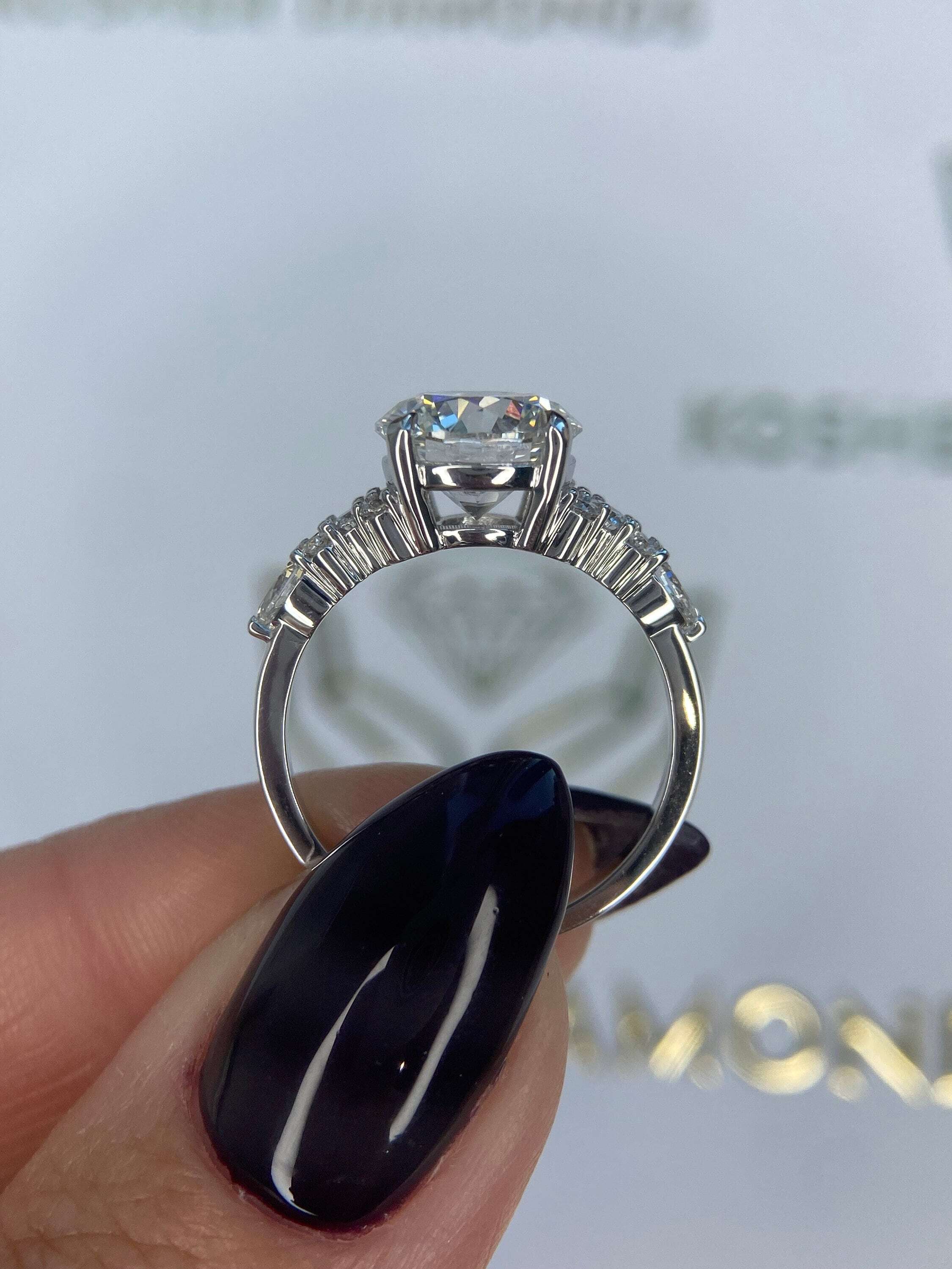 2.5 Carat Round Ideal Cut Diamond Engagement Ring Side Round & Pear Diamonds