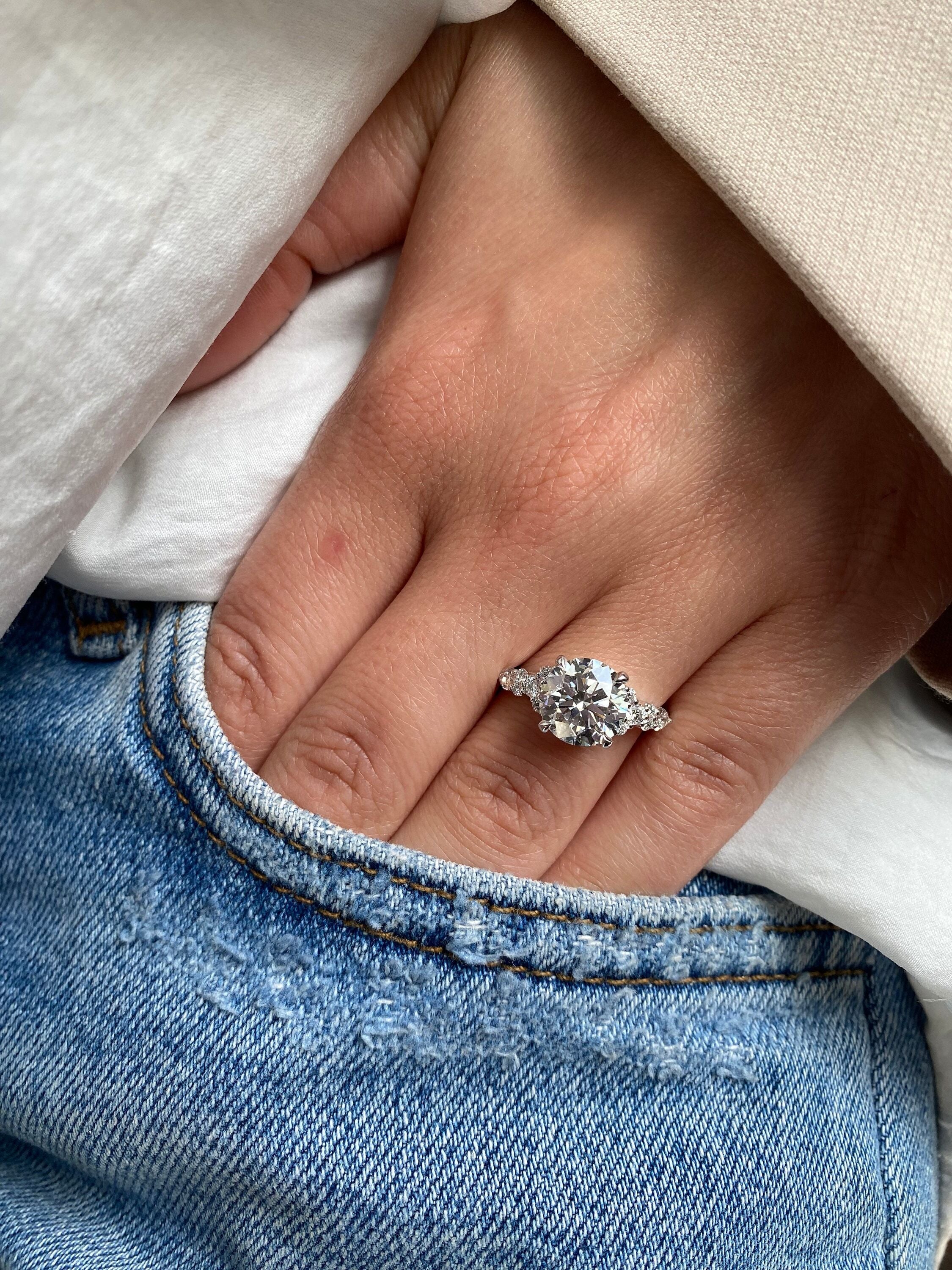 2.5 Carat Round Ideal Cut Diamond Engagement Ring Side Round & Pear Diamonds